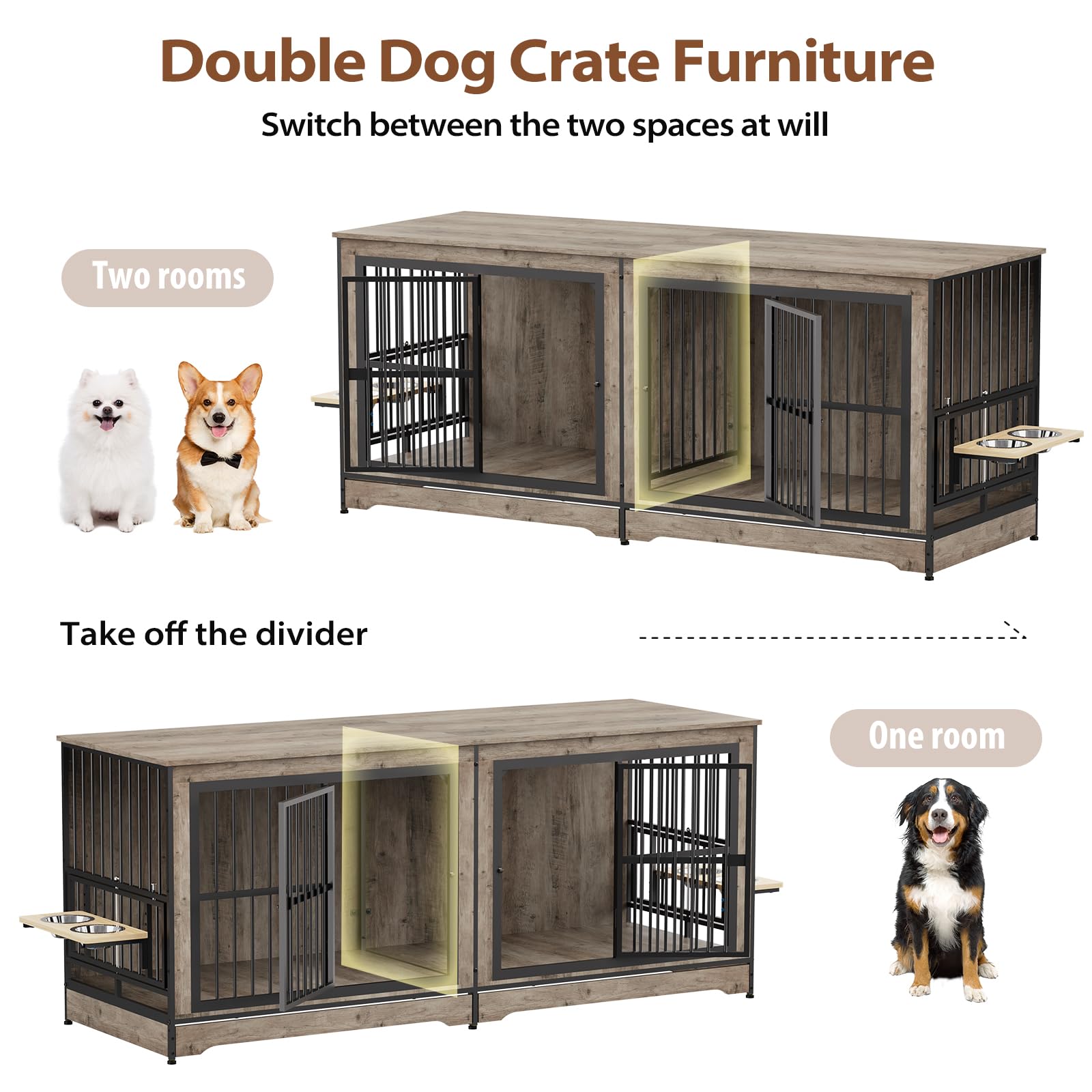 Rovibek Wooden Dog Crate Furniture for 2 Large Dogs, 78"L x 27"W x 33"H, Grey, Includes Dog Bowl, Model: Grey Dog Crate 78