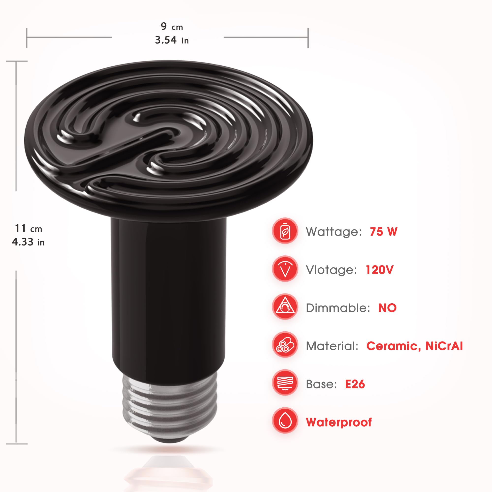 Ceramic Heat Emitter for Reptiles, 75W Heat Lamp Bulb, Ceramic Reptile Heat Bulb Black, No Light Emitting Heat Lamp for Amphibia