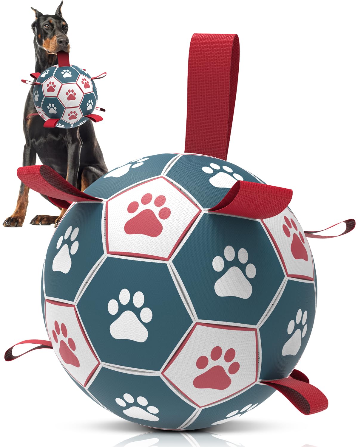 Qdan Dog Toys Soccer Ball With Straps - Durable Dog Balls For Giant Extra Large Dogs, Outdoor Dog Toys, Dog Water Toy, Herding B