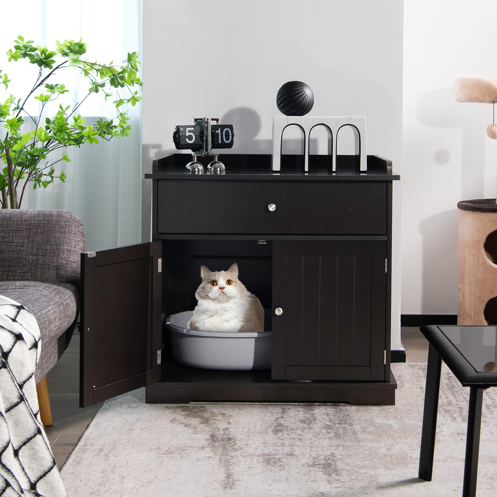 PETSITE Cat Litter Box Enclosure, Large Cat Washroom End Table with Drawer & 2 Doors, Wooden Cat House Storage Cabinet, Hidden L