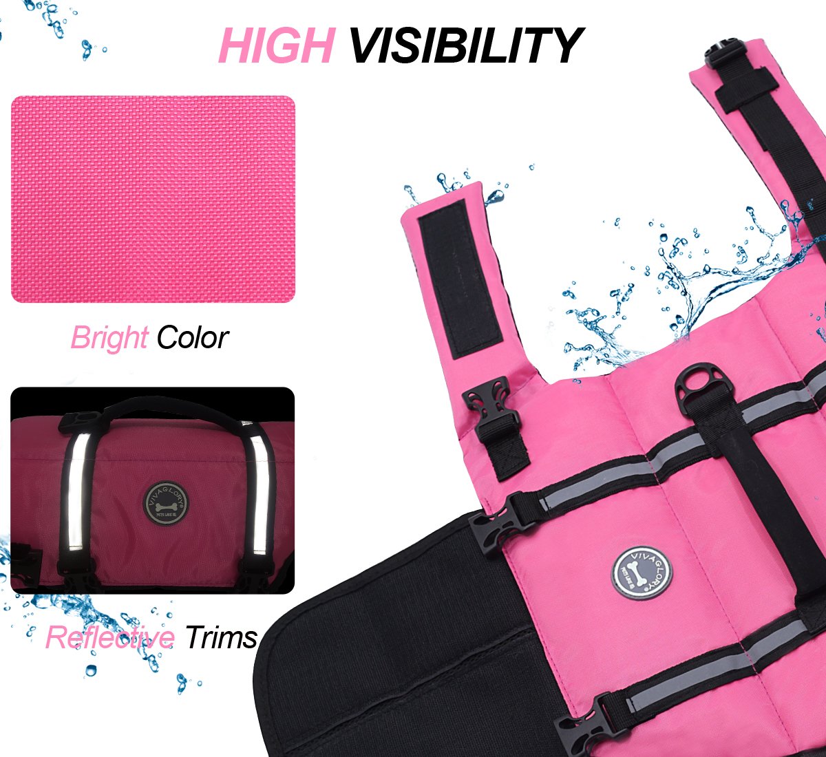 Vivaglory Ripstop Dog Life Vest, Reflective & Adjustable Life Jacket For Dogs With Rescue Handle For Swimming & Boating, Pink, S