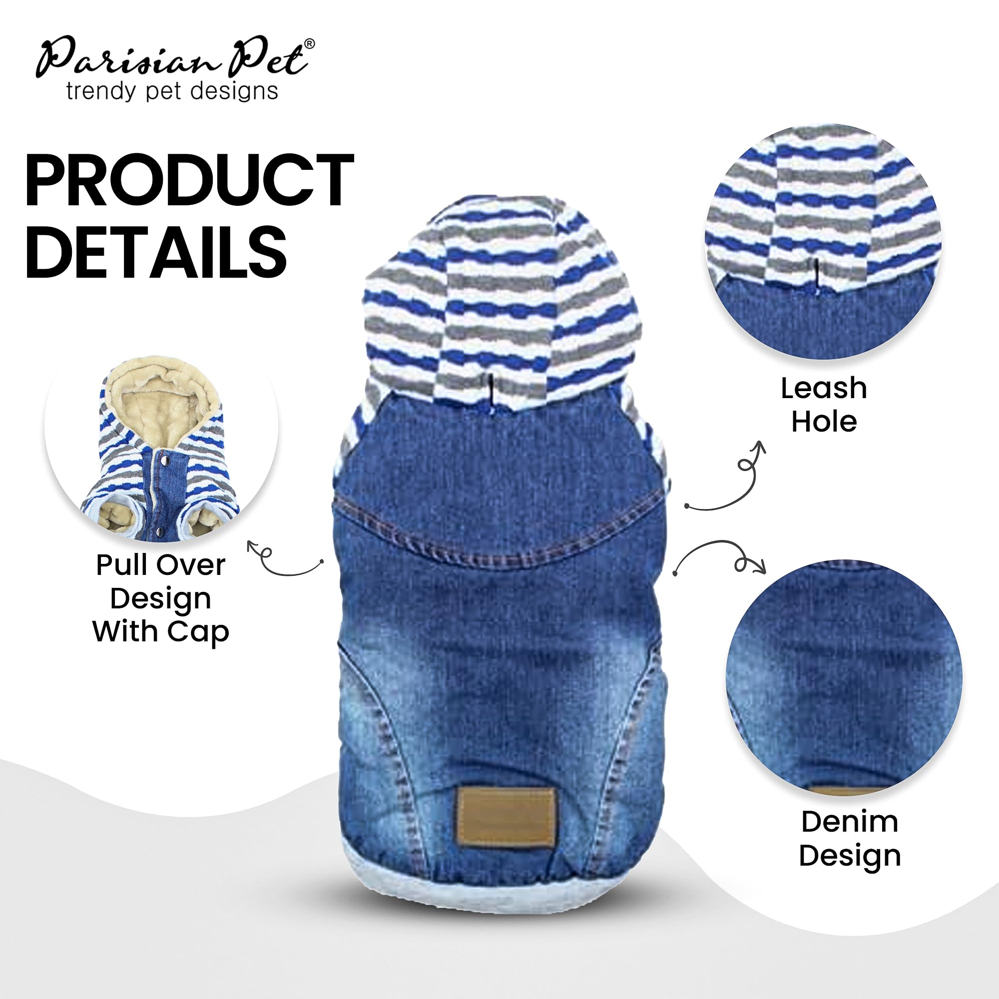 Parisian Pet Basic Dog Hoodie - Lightweight Denim Striped Sweatshirt - Pullover With Leash Hole And Pockets - Blue Cotton Dog Cl