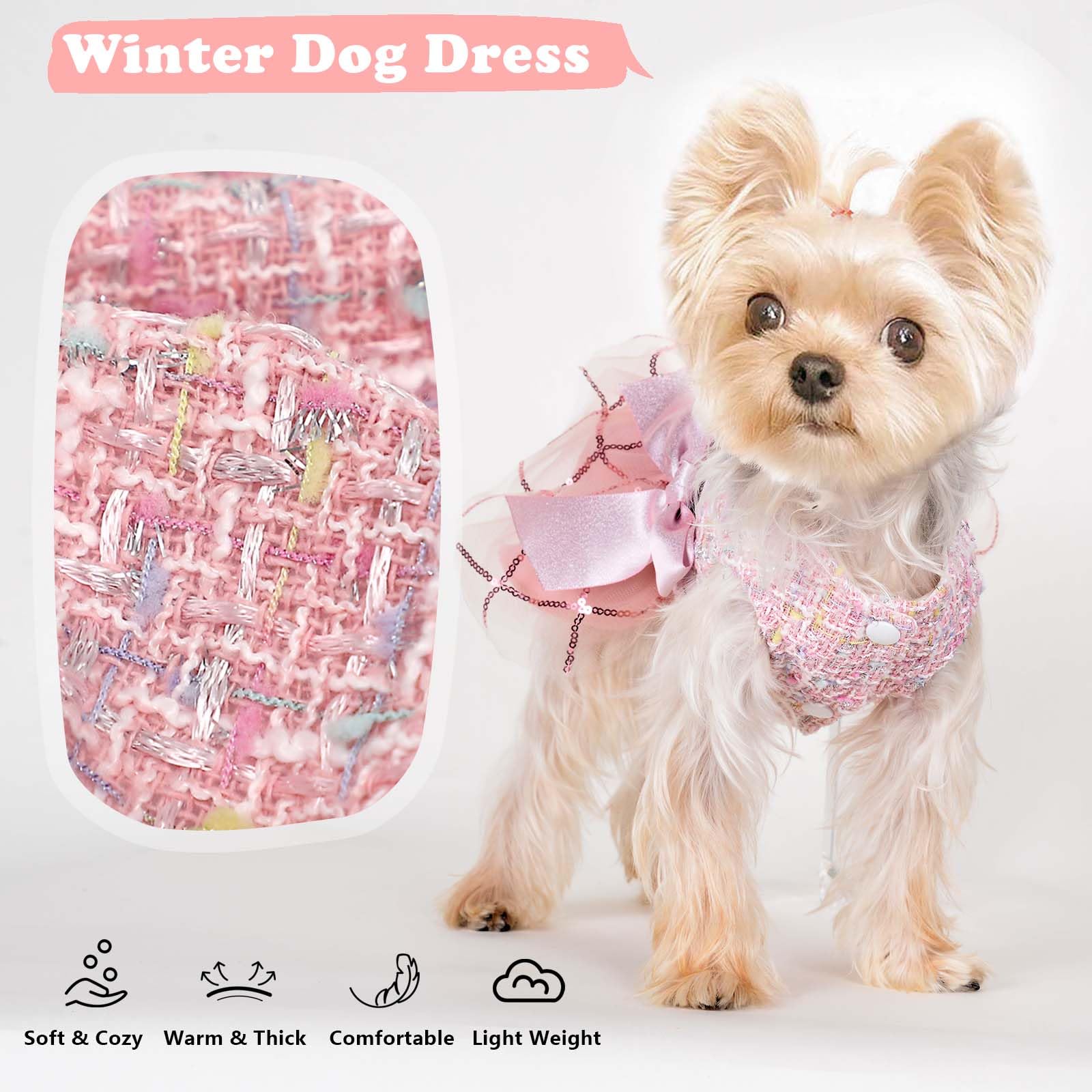 Dog Sweater Winter Clothes For Small Dogs Boy Girl Fall Dress Warm Fleece Chihuahua Yorkie Teacup Dresses Cat Sweaters (Sequin P