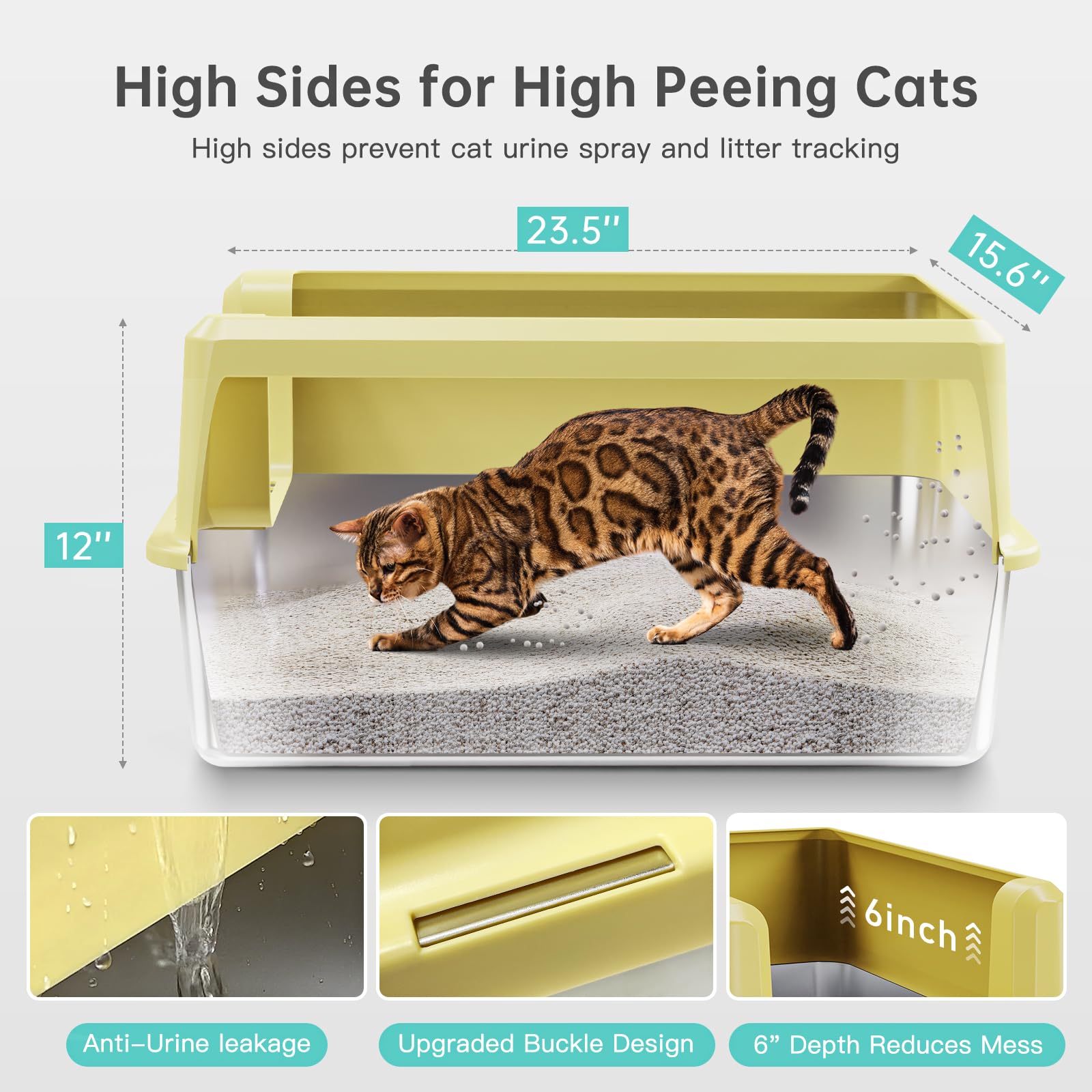 Stainless Steel Litter Box With High Side, Xxl Extra Large Cat Litter Box For Big Cats & Multiple Cats, Non-Sticky, No Urine Lea