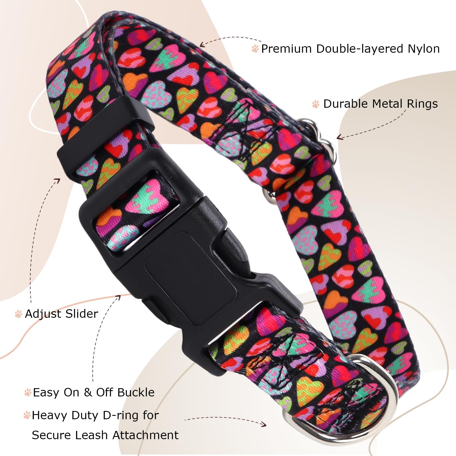 Dog Collar For Medium Dogs With Love Hearts, Pink Girl Boy Dog Collar Adjustable Comfy Wedding Dog Collar With Safety Buckle For