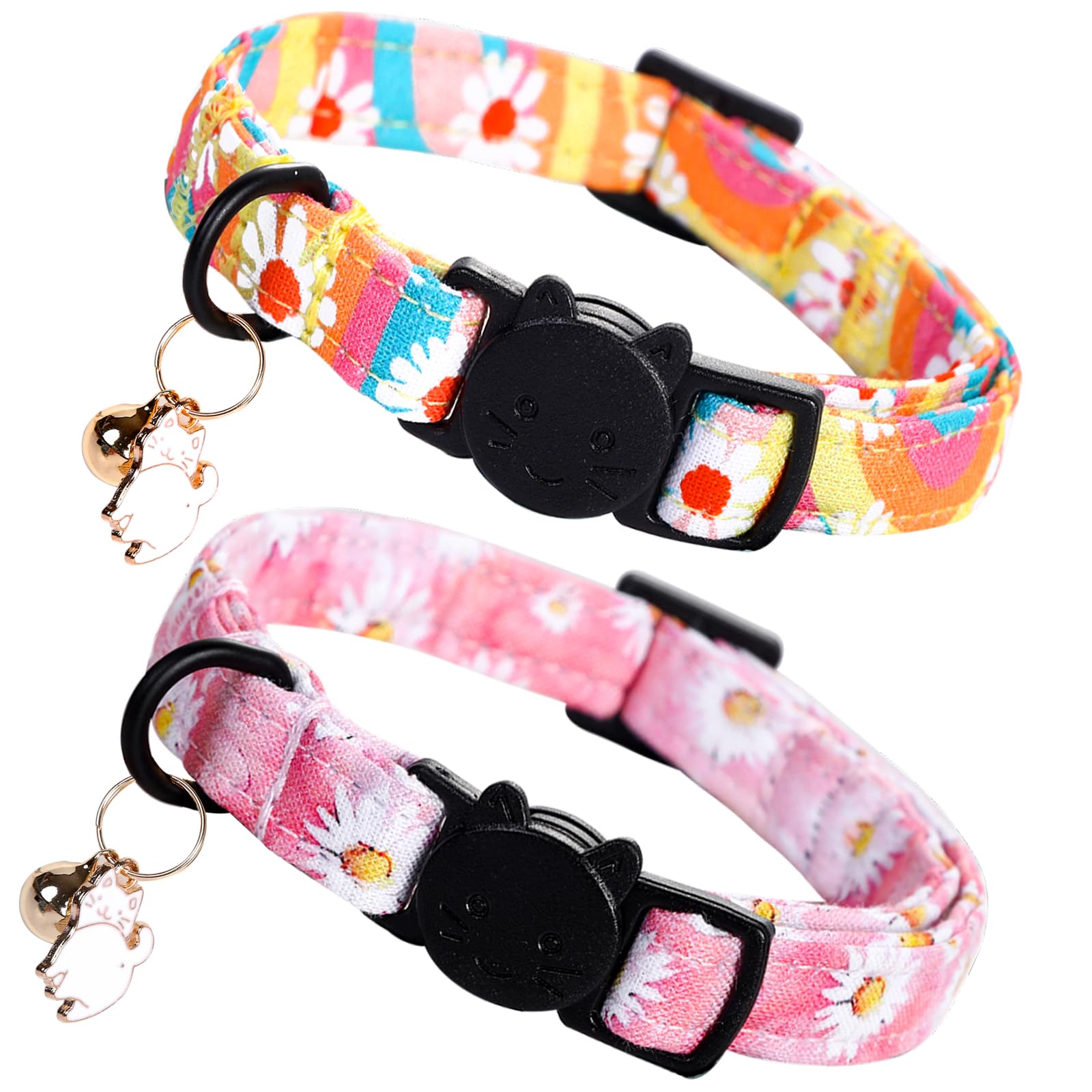 Lionheart Glory 2 Pack Cat Collar Breakaway With Bell & Pendant Pink Flowers Kitten Collar Soft Adjustable Safety Cat Collars Fo
