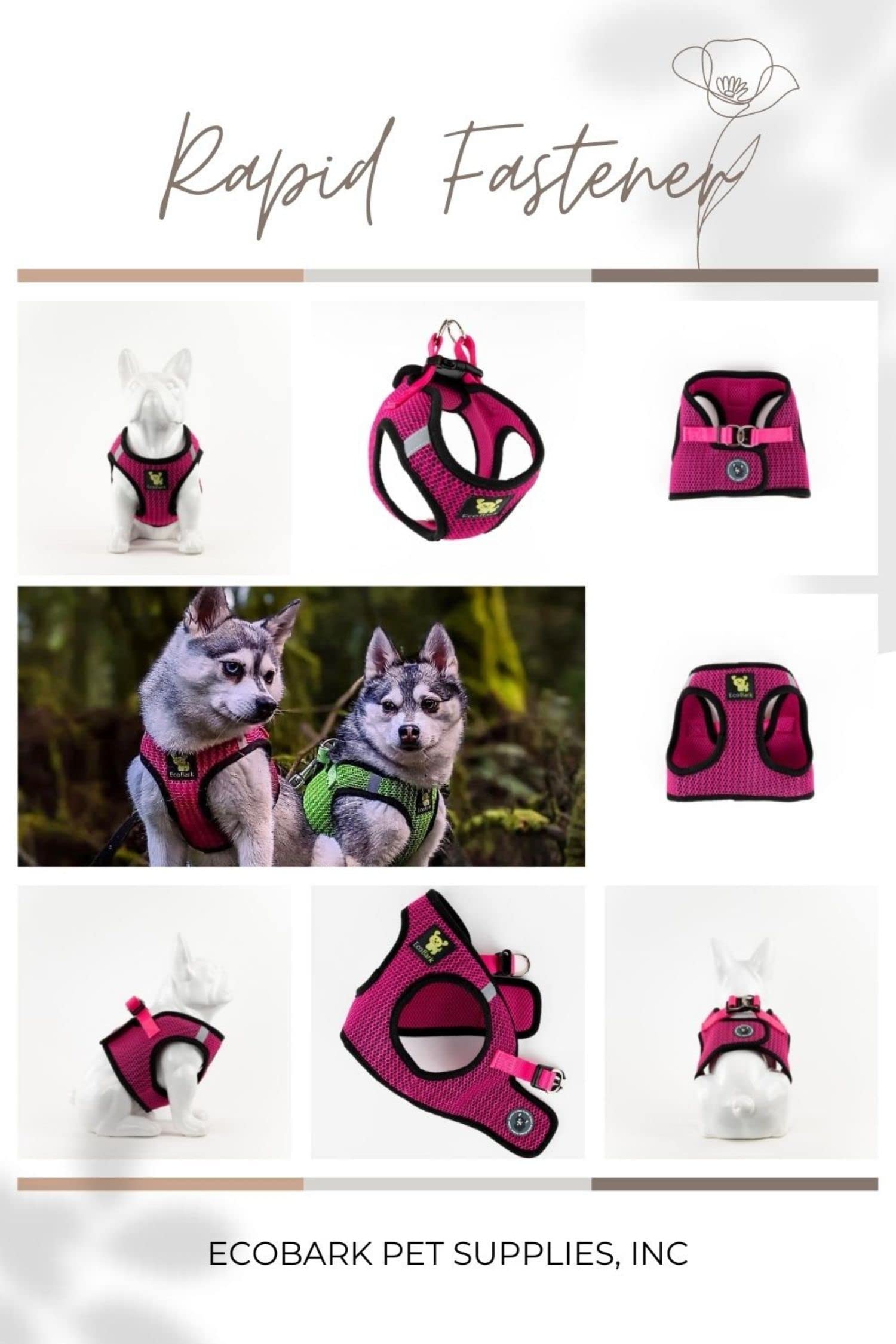 Ecobark Step In Dog Harness - Eco-Friendly Dog Harnesses For Small And Medium Breed Dogs - Reflective And Adjustable Body Halter Vest - Soft Mesh Toy Breed Harness (Fuchsia Pink, Large)