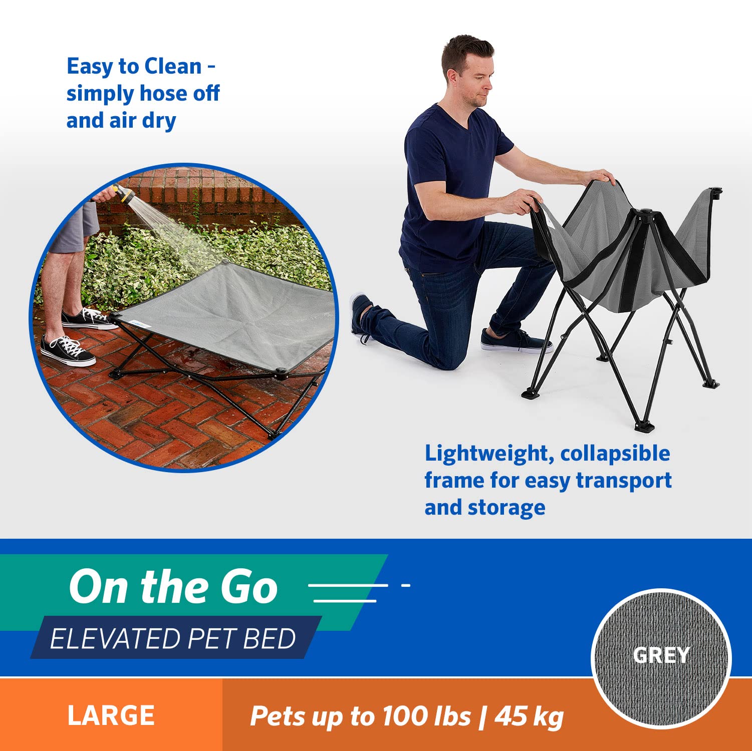 On The Go Pet Bed - Steel Grey - Large (36'' 36'')