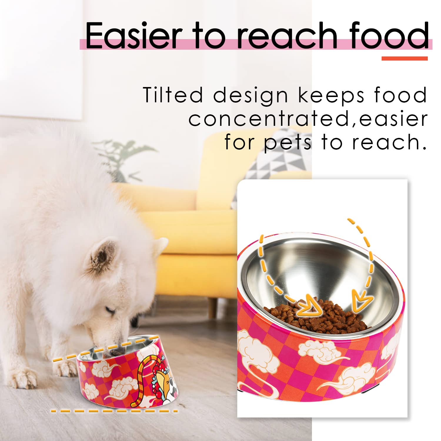Super Design Mess Free 15 Slanted Bowl for Dogs and Cats, Tilted Angle Bulldog Bowl Pet Feeder, Non-Skid & Non-Spill, Easier to