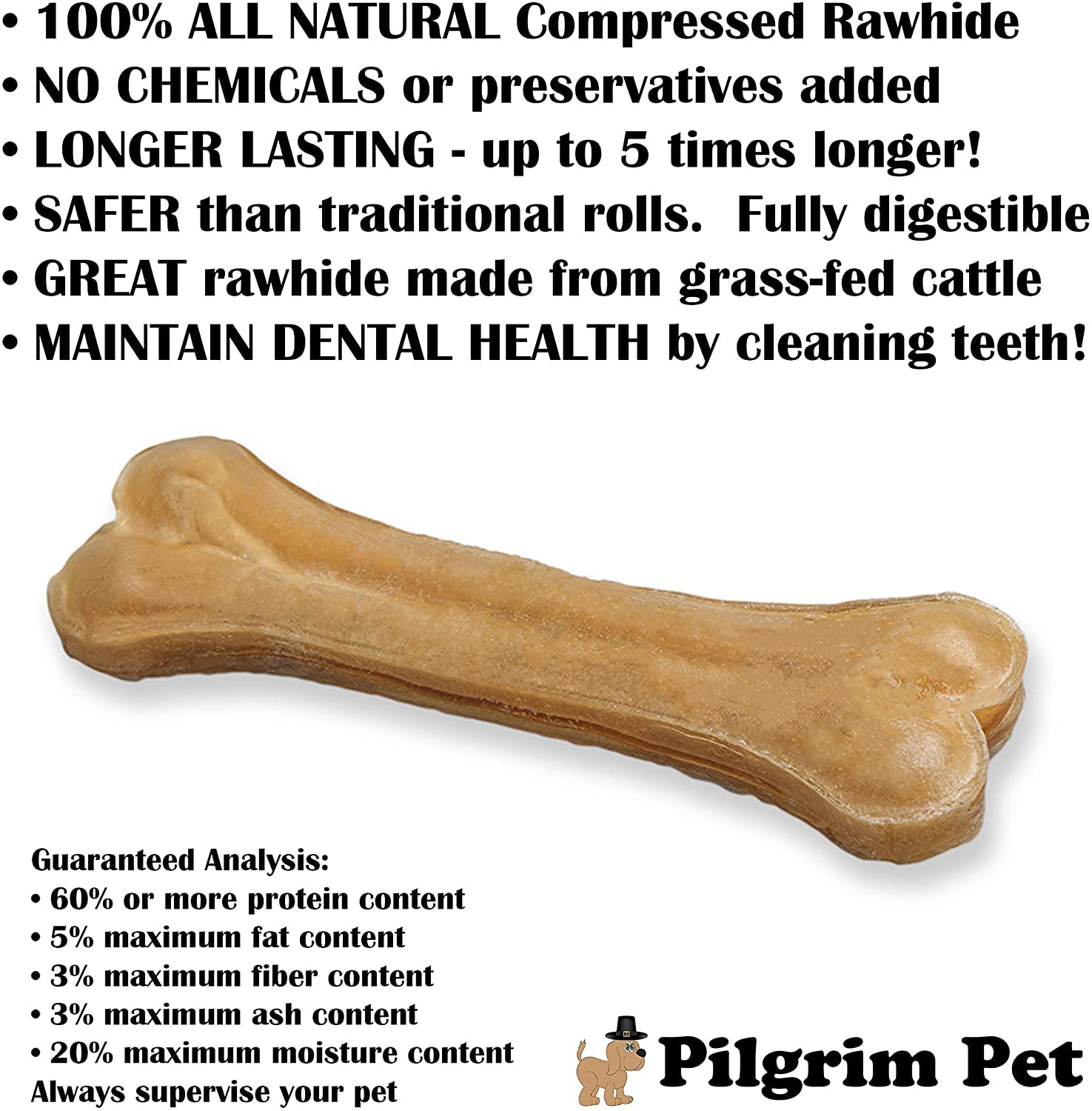Pilgrim Pet 5-Pack of Premium Compressed Rawhide Bones for Dogs - Long Lasting 100% All Natural Bones for Aggressive Chewers (Me