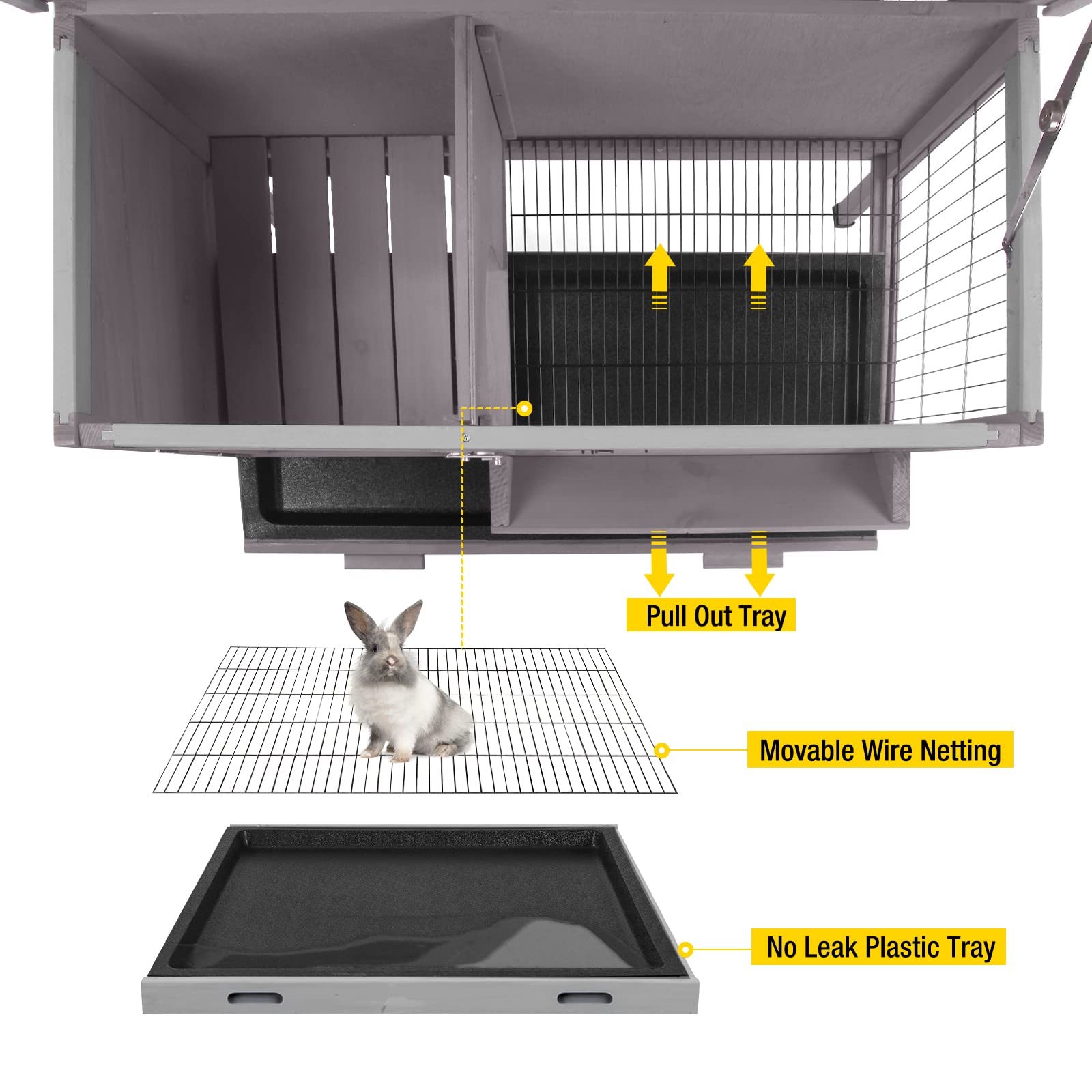 Aivituvin Outdoor Rabbit Hutch - Wooden Bunny Cage, Medium, Grey, Model AIR01-B with Leakproof Tray and Metal Wire Pan