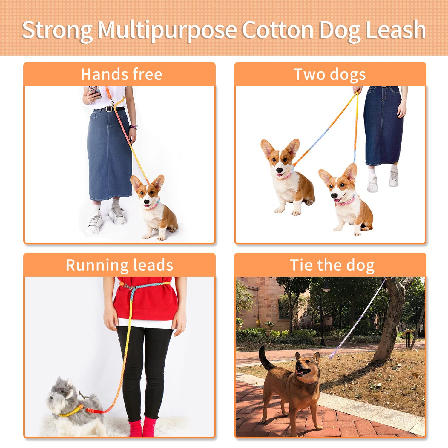 Tesitehi Multifunctional Rope Dog Leash 7.5 Ft With Adjustable Double Swivel Hook Hands Free For Small Medium And Large Dogs Running Hiking Camping Walking (Silent Grey)