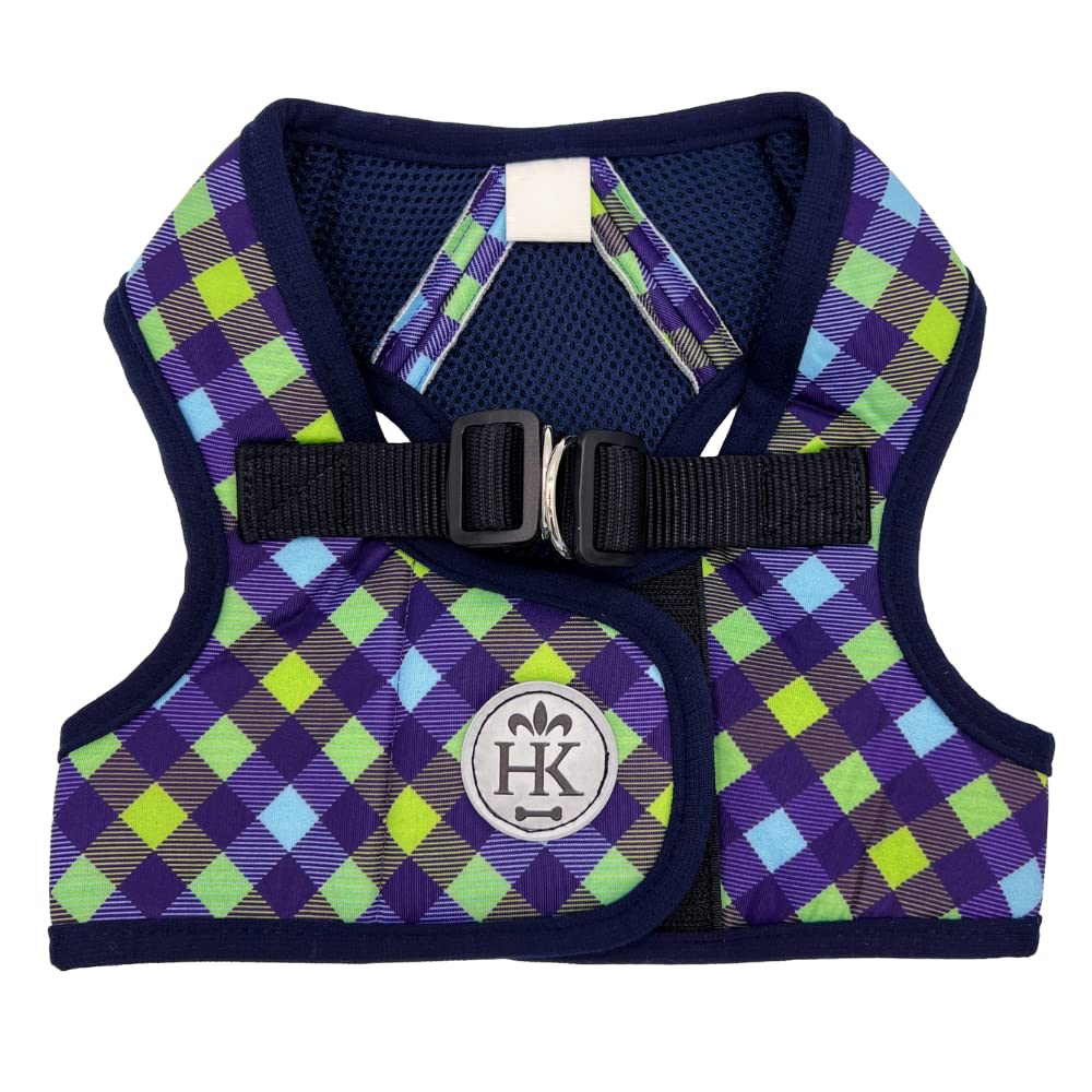 Huxley & Kent Hudson Walking & Training Harness - Blue/Green Check (Medium, 15-22Lbs) - Easy Control Step-In Mesh Vest Harness W