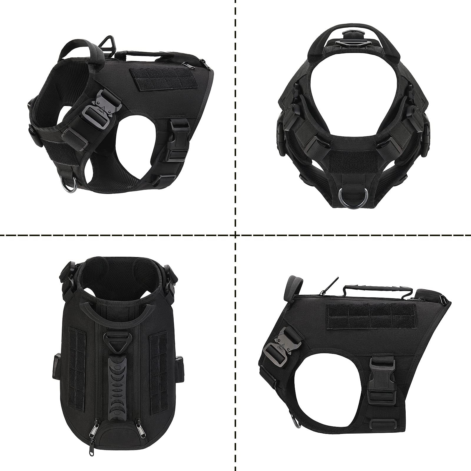 Tactical Dog Harness For Medium And Large Dogs No Pull Adjustable Dog Vest For Training Hunting Walking Military Dog Harness With Handle Service Dog Vest With Molle Panels Black,M,With 2 Pouches