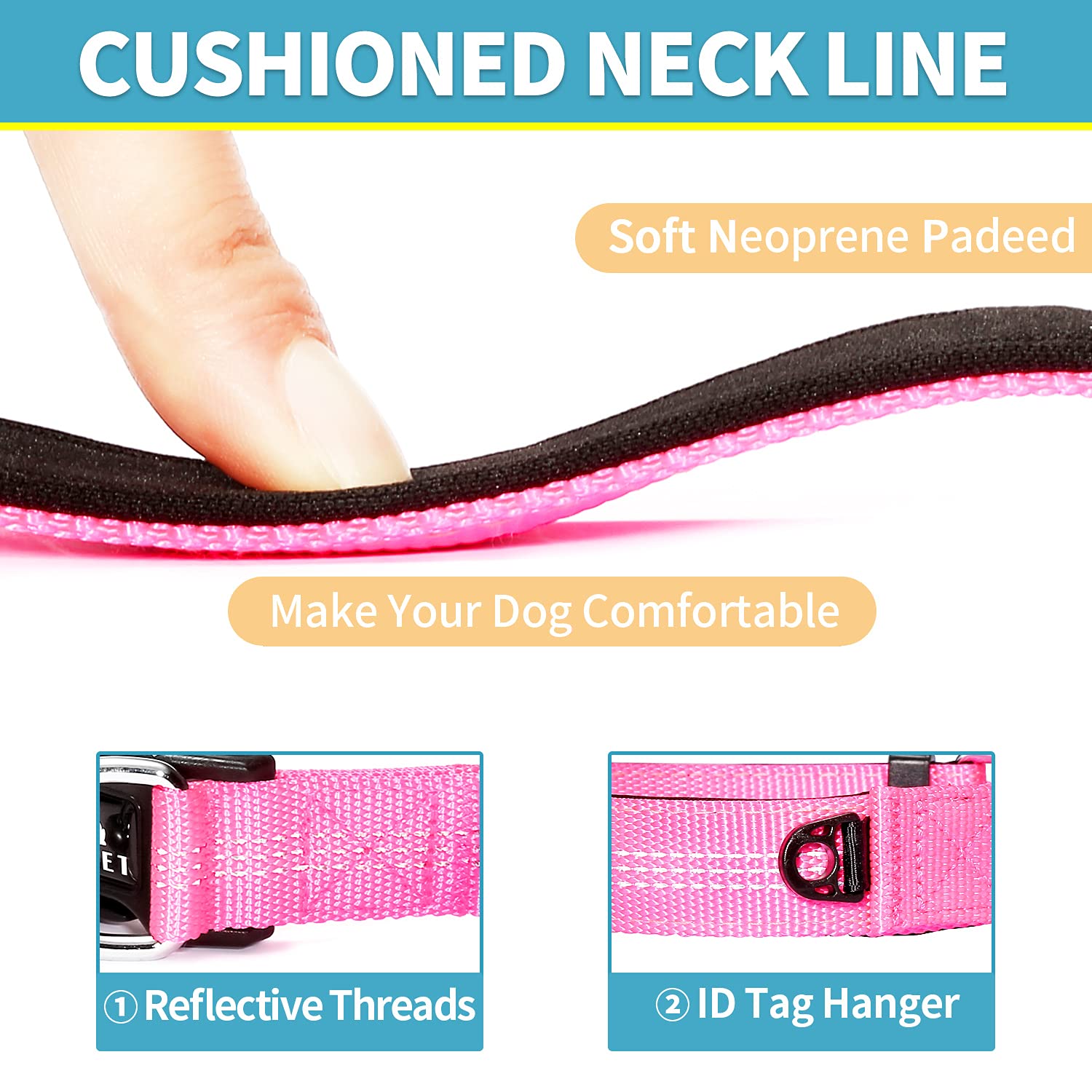 BAAPET Pink Dog Collar for Small to Large Dogs, XS - 3/4 x (9-13), Double Security Dual D-Ring with ID Tag Hanger