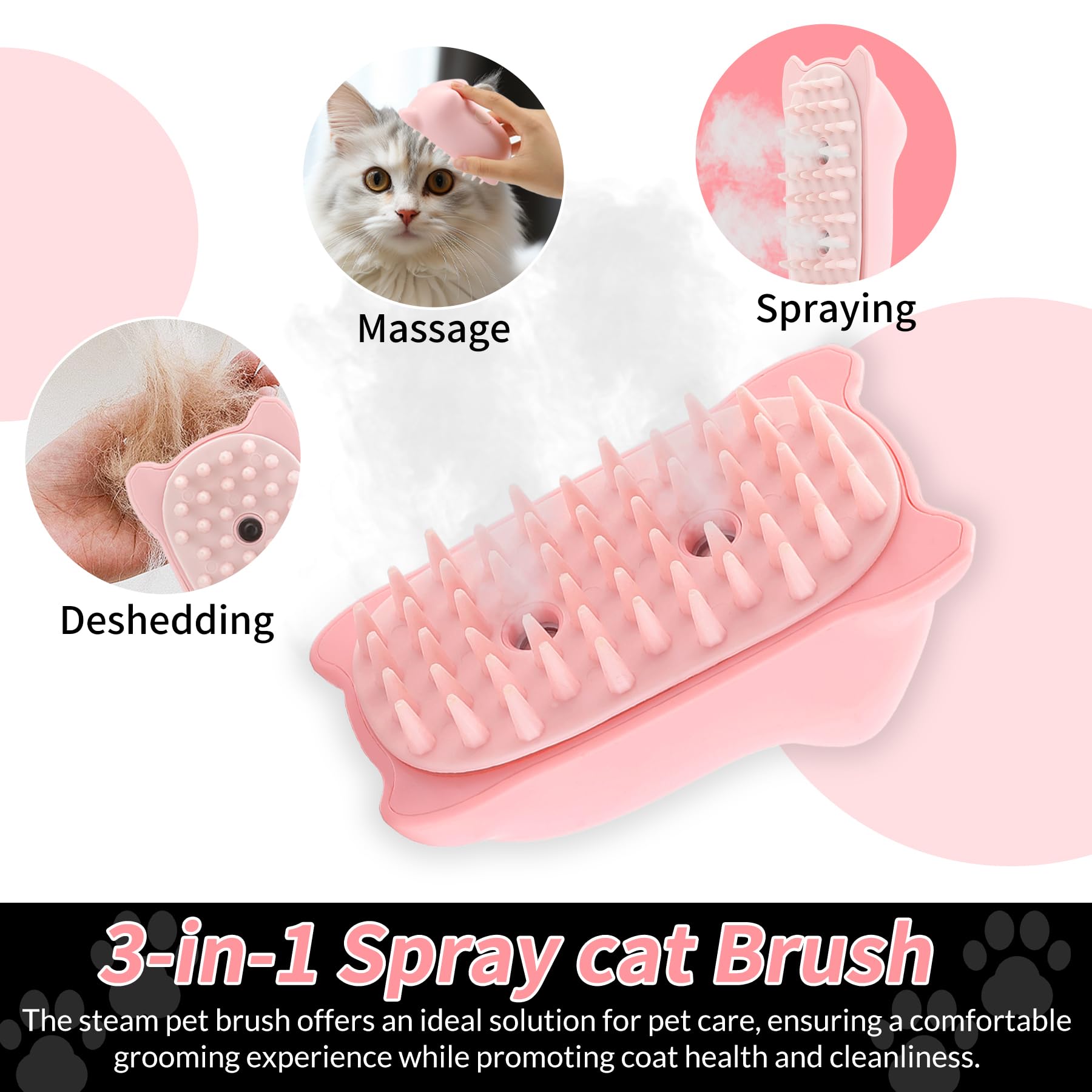 Cat Steam Brush, 3 In 1 Cat Steamy Brush For Shedding Grooming Brush With Steam, Rechargeable Silicone Pet Brush For Cat Dog She