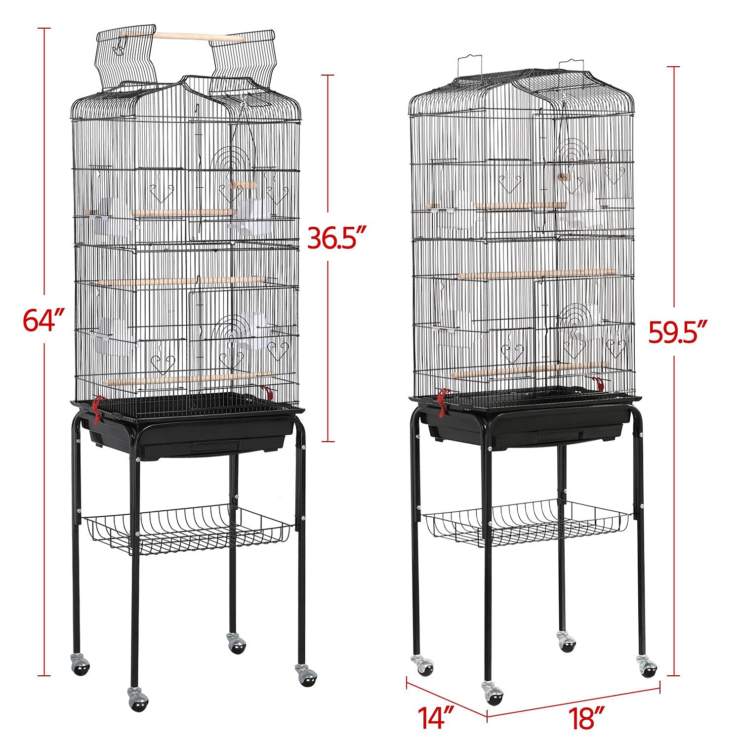 Yaheetech 64-Inch Open Top Bird Cage with Rolling Stand, Alloy Steel, Black, for Parrots, Lovebirds, Finches, and More