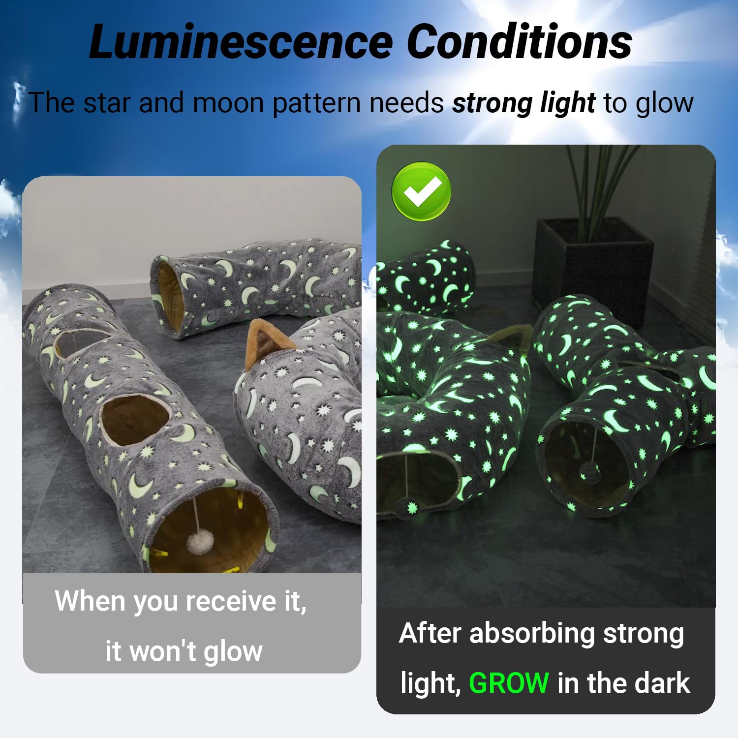 Luckitty Cat Tunnel Bed Tube With Cushion And Plush Ball Toy Playground Crinkle Collapsible Self-Luminous Flannel Fabric 3Ft For