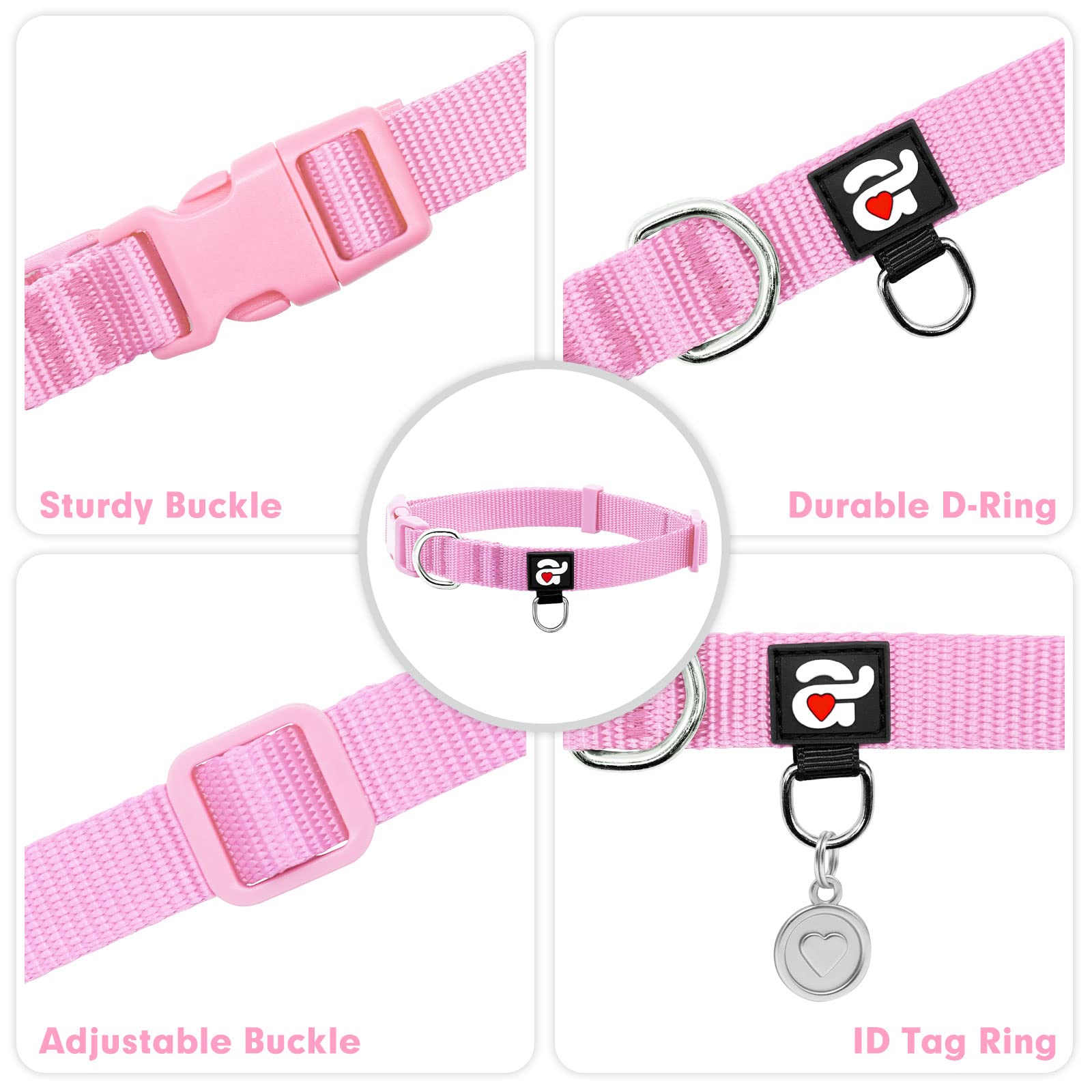 Azuza Nylon Dog Collar And Leash Set, Strong & Durable Basic Style Leash With Easy To Use Collar Hook, Available In Multiple Lengths For Puppy And Small Dogs, Pink,Xs
