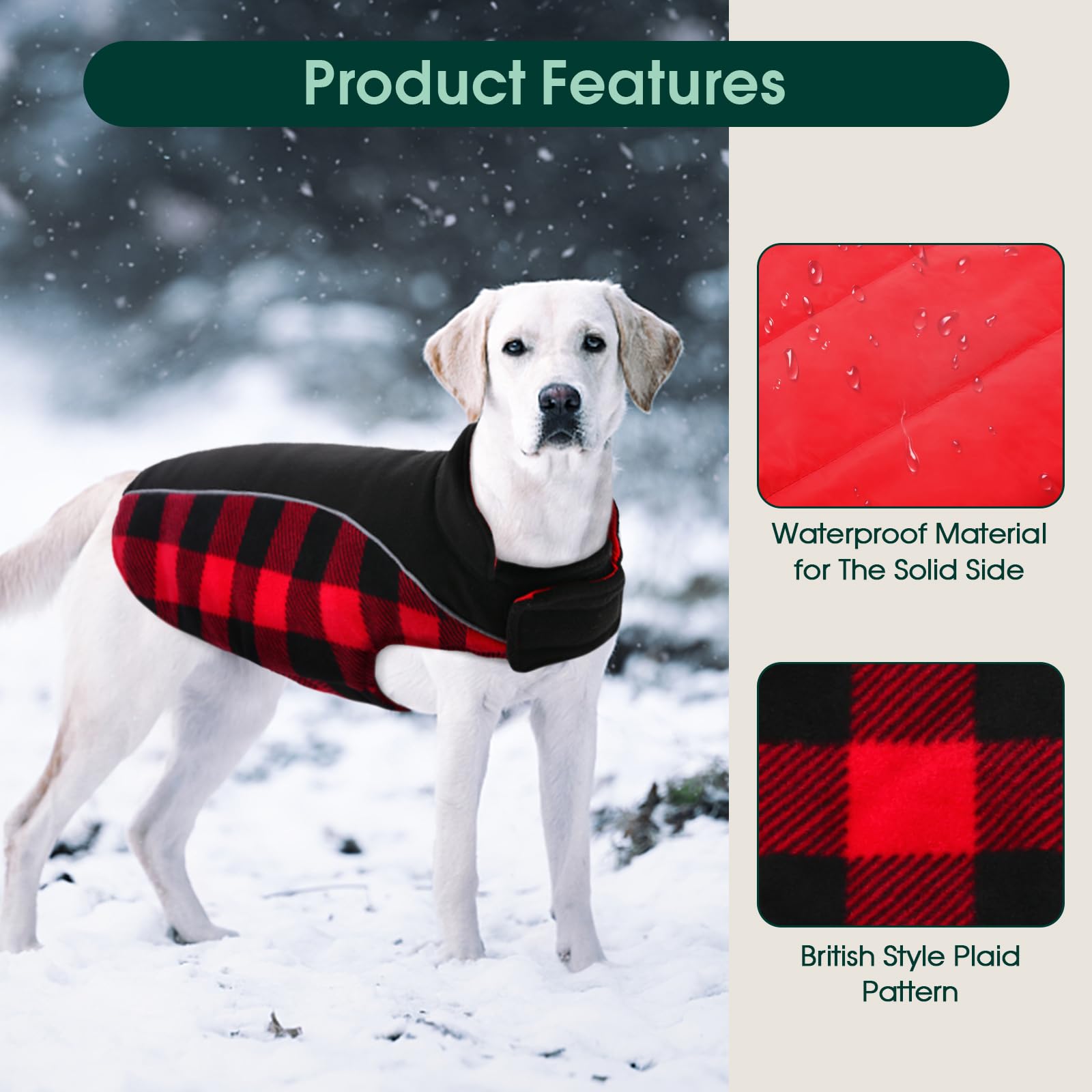 Kuoser Reversible Dog Coat, Warm Waterproof Dog Jacket, British Style Plaid Dog Winter Coats, Puppy Cold Weather Vest Windproof