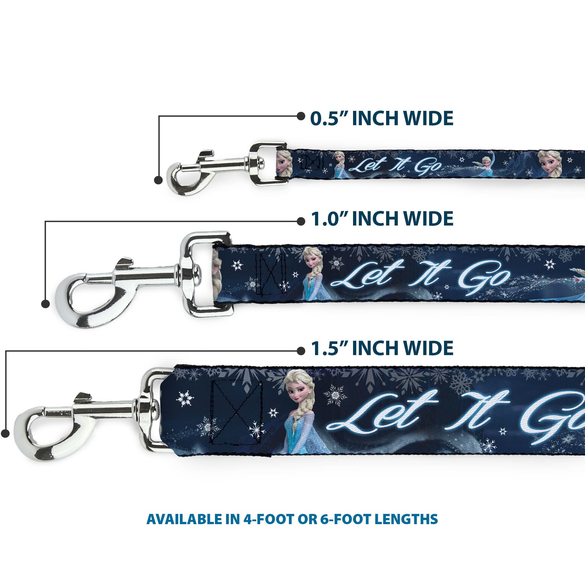 Buckle-Down Pet Leash - Elsa the Snow Queen Poses/Snowflakes LET IT GO Blues/White - 6 Feet Long - 1.5 Wide
