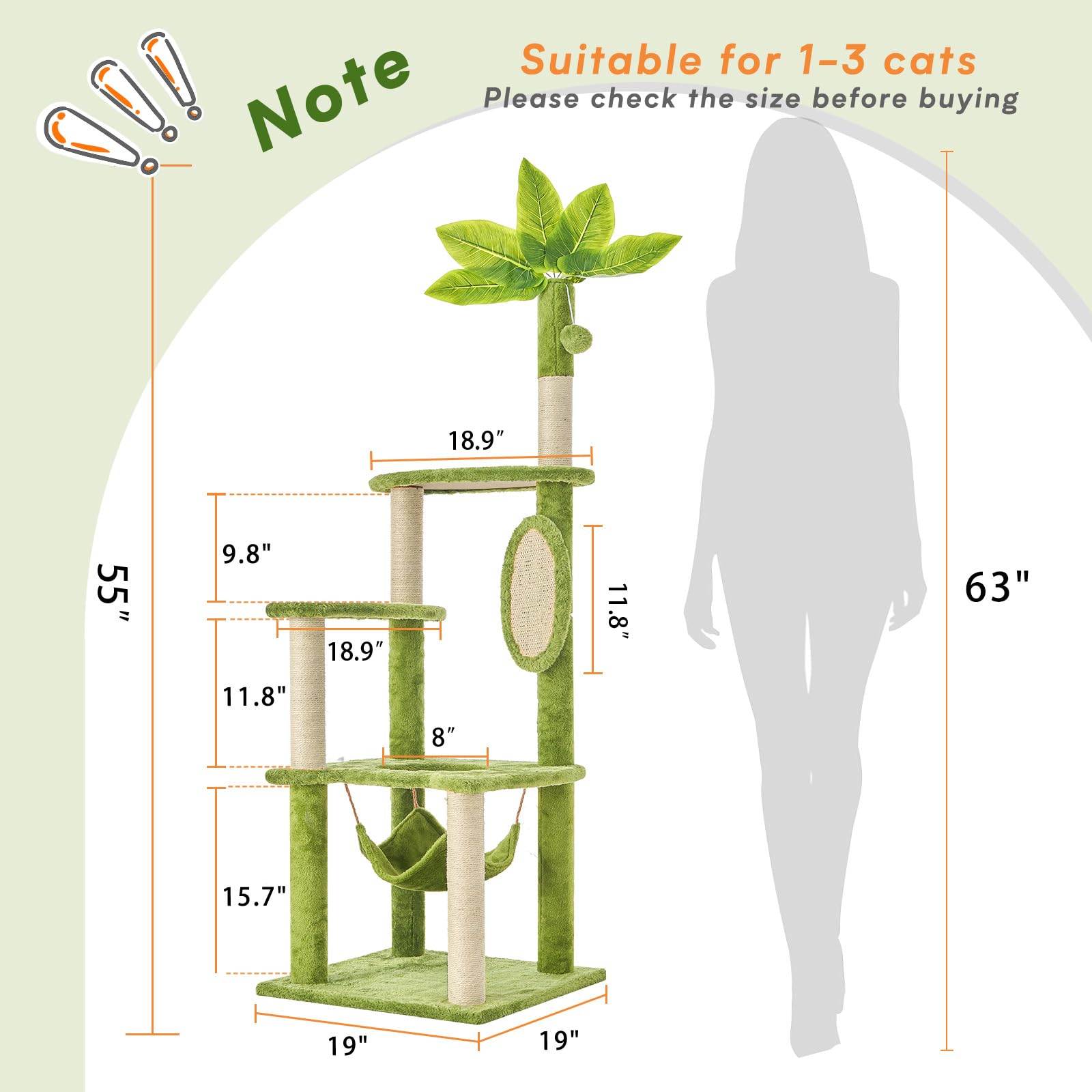 TSCOMON 55 Cat Tree for with Green Leaves, Multi-Level Large Cat Tower with Hammock, Plush Cat House with Hang Ball Toy and Sisa