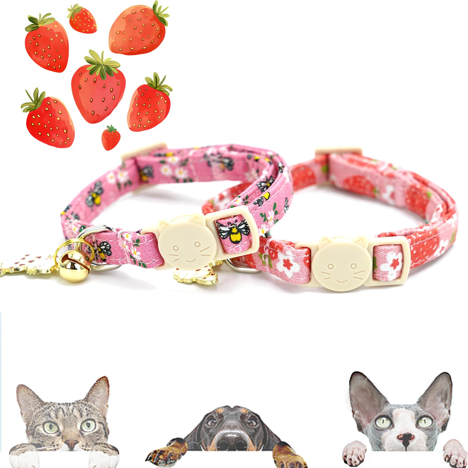 Elegant Little Tail 2 Pack Cat Collar-Pink Print Cotton Breakaway Cat Collars With Bell Pendant Kitten Boy Girl Safety Adjustabl