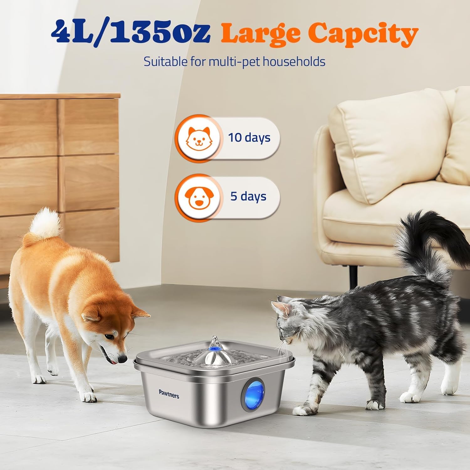Cat Water Fountain Stainless Steel, 4L/135Oz Cat Fountain, Automatic Dog Drinking Dispenser With Water Level Window, 6 Filters,
