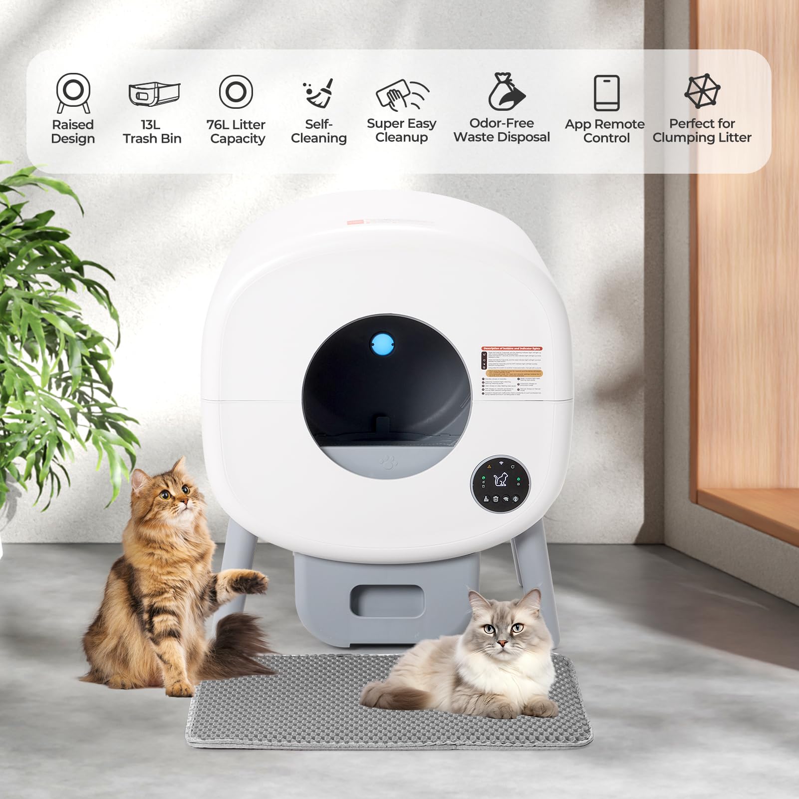 Fsitego Self Cleaning Litter Box: Extra Large Automatic Litter Box Self Cleaning for Multiple Cats, Odor-Free, App-Controlled, A