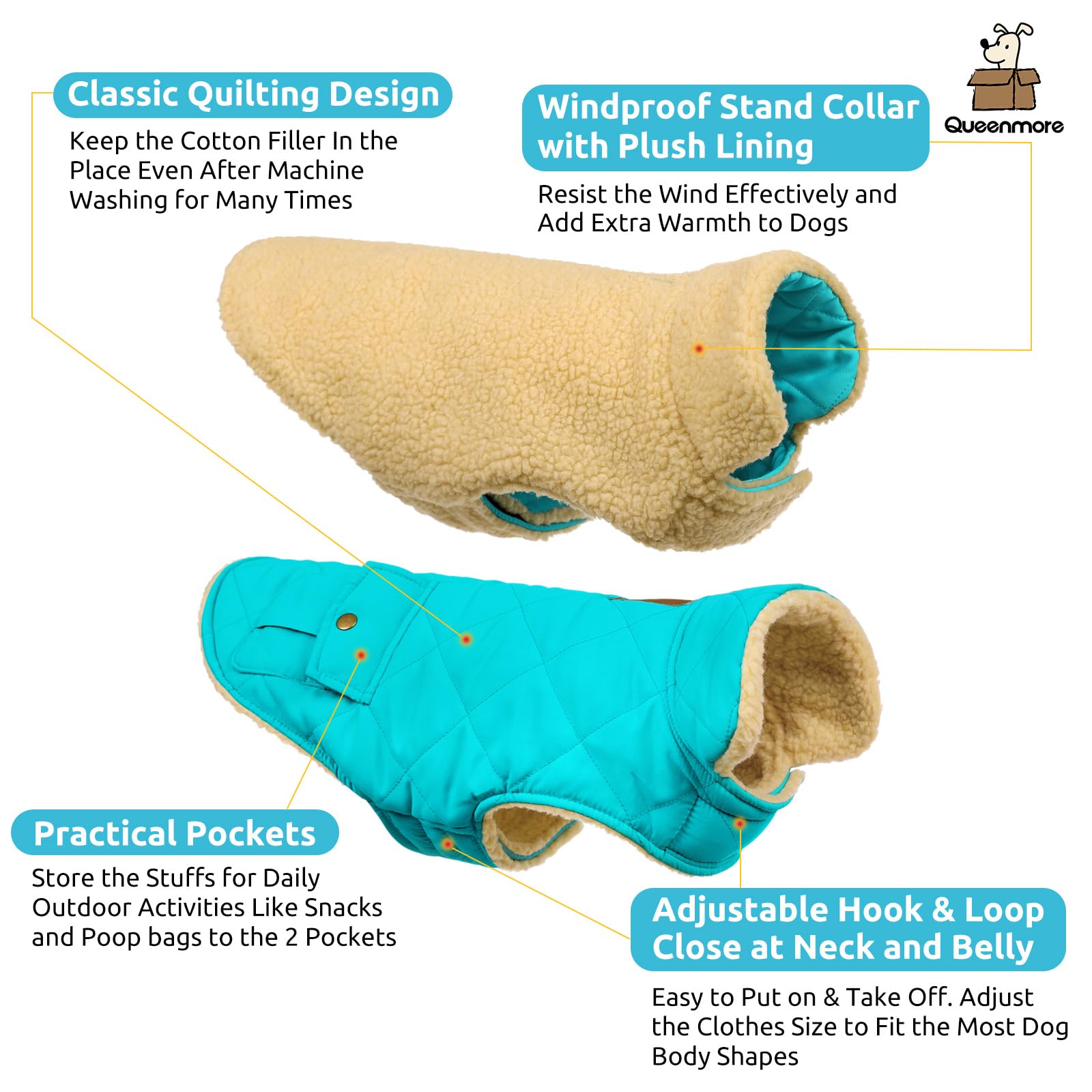 Queenmore Warm Puffer Dog Coat, Quilting Winter Jacket Ultra Thick Plush Fleece Lining Pet Clothes With Storage Pockets (Light B