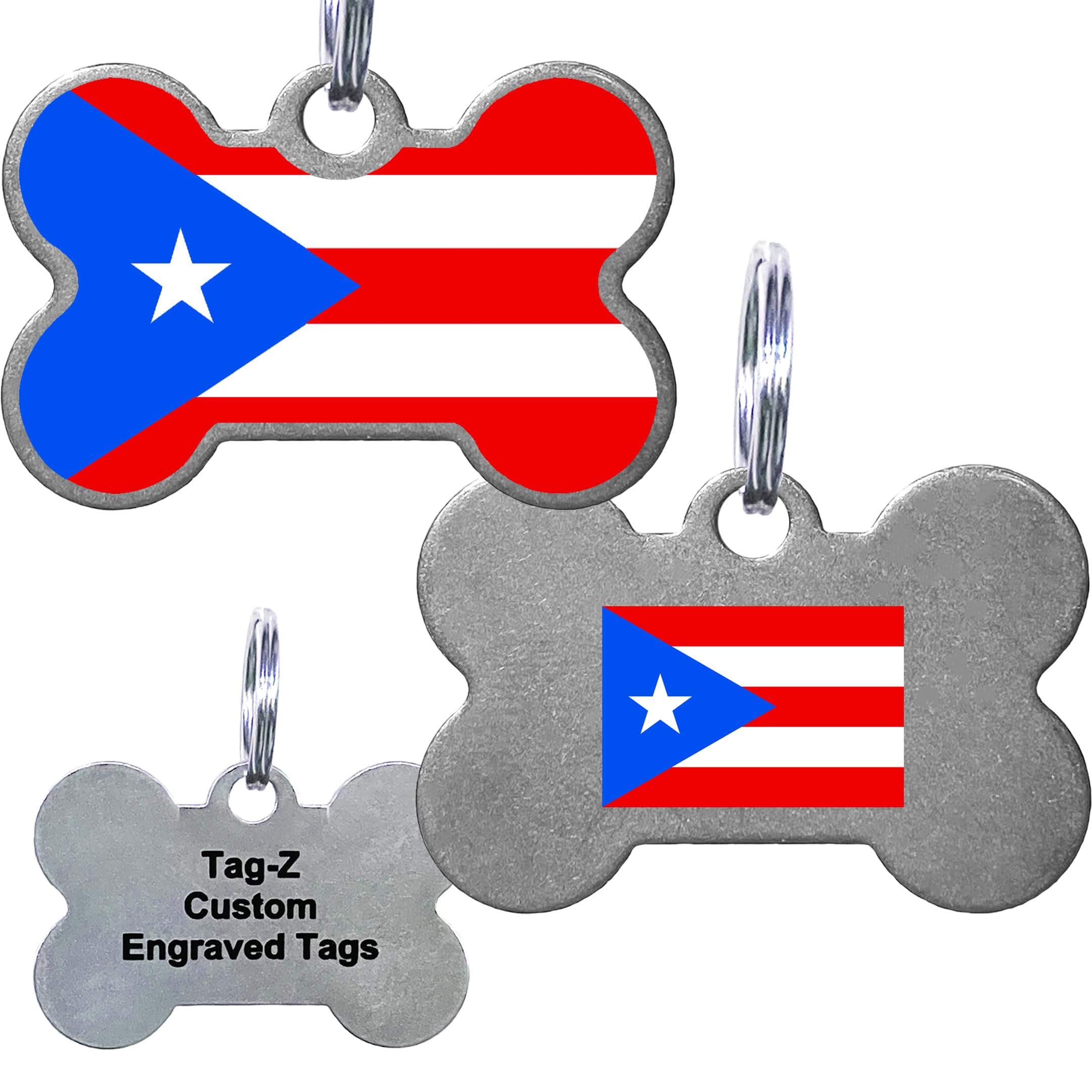 Puerto Rico Flag Pet Id Tags, Custom Printed And Laser Engraved Bone