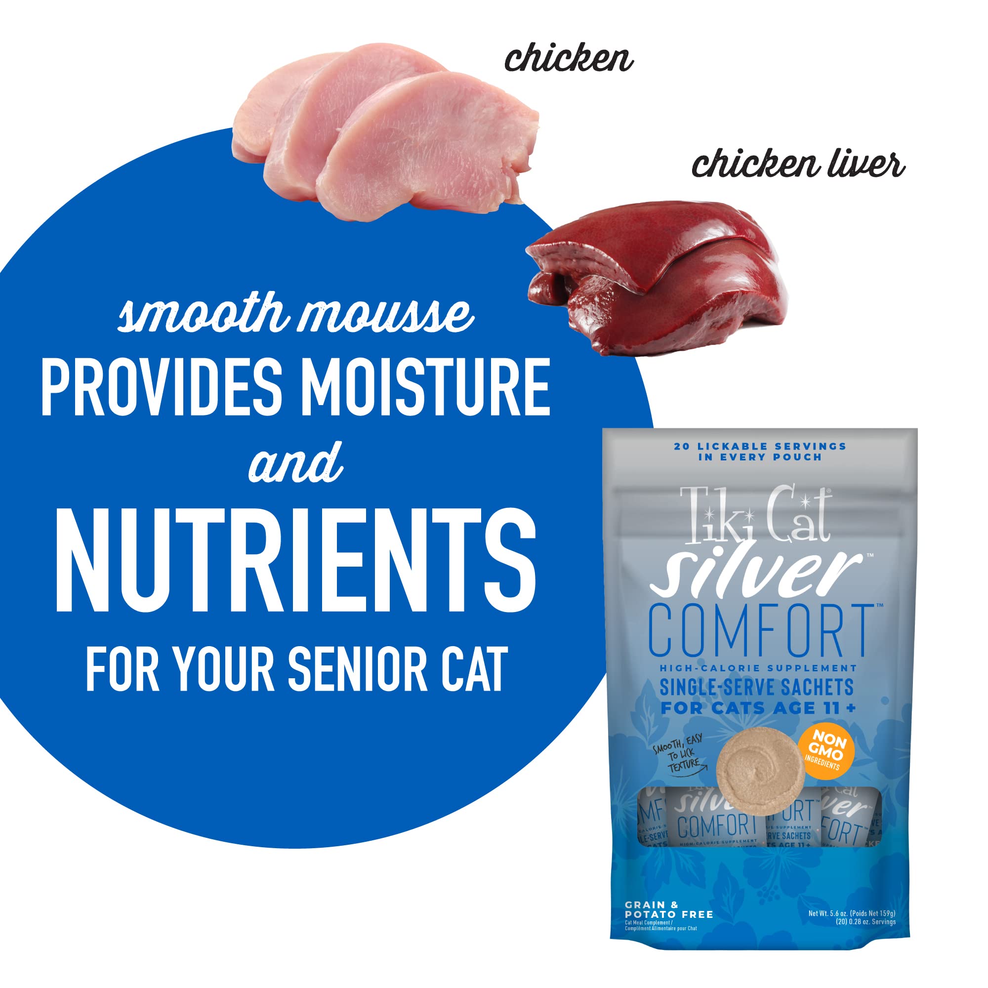 TIKI PETS Tiki Cat Silver Comfort Chicken & Chicken Liver Recipe, 5.6 oz, Silver Comfort Mousse, 20 Sachets