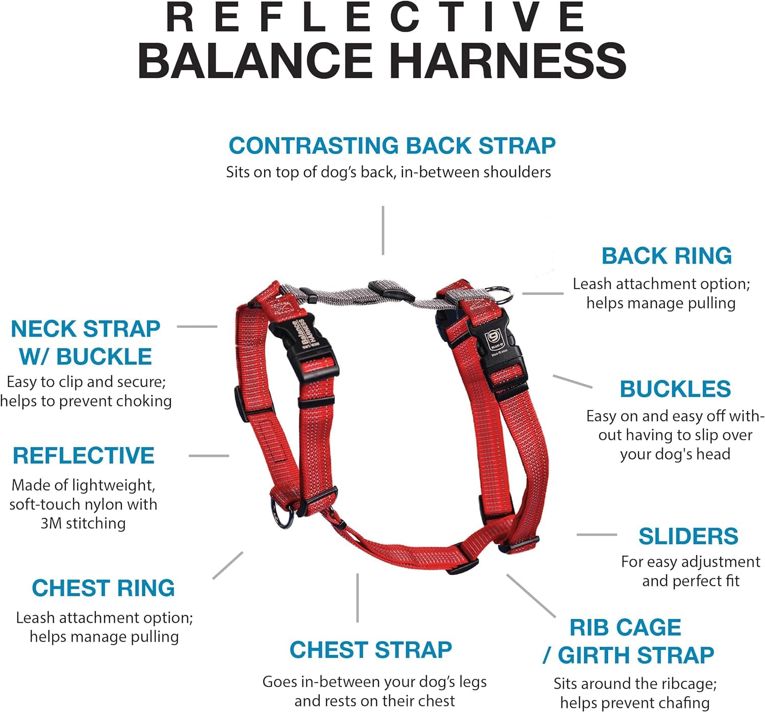 Blue-9 Reflective Buckle-Neck Balance Harness, Fully Customizable Fit No-Pull Harness With 3M Reflective Stitching, Ideal For Dog Training And Obedience, Made In The Usa, Red, Medium/Large