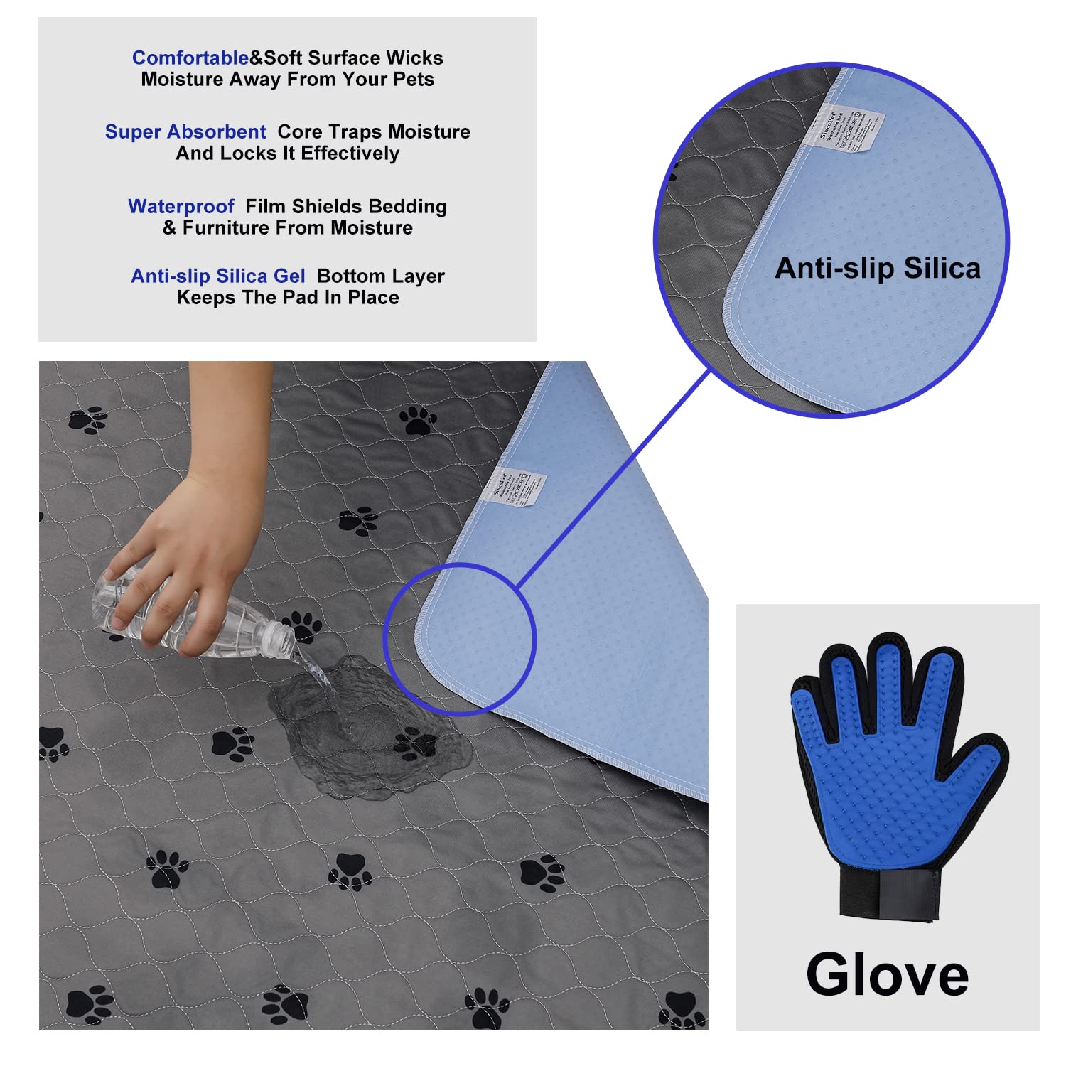 Washable Pee Pads For Dogs + Free Puppy Grooming Gloves/Quilted, Fast Absorbing Machine Washable Dog Whelping Pad/Waterproof Puppy Training Pad/Housebreaking Absorption Pads