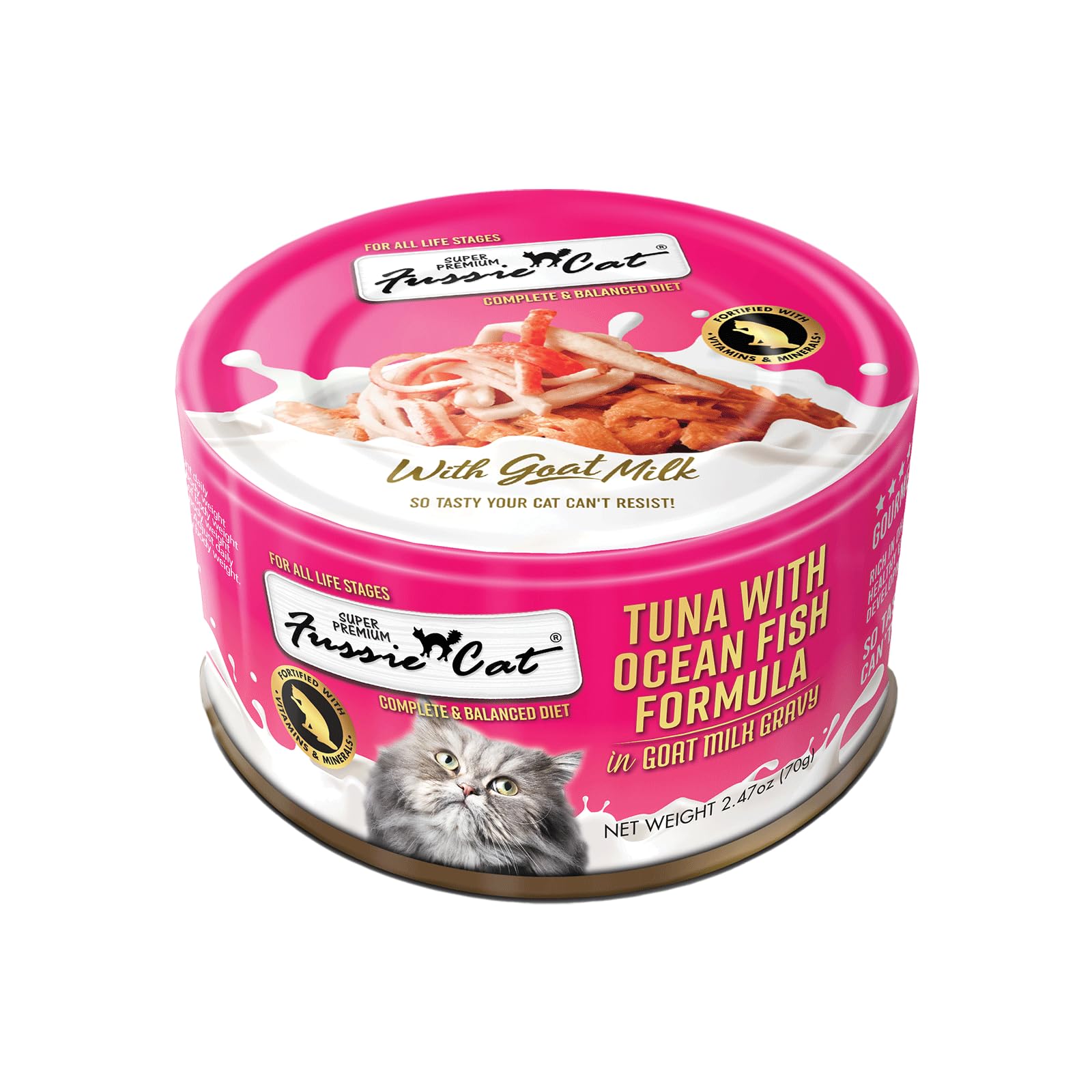 Fussie Cat Premium Canned Wet Cat Food in Goat Milk Gravy - 2.47 oz Cans - Case of 24 Cans (Tuna & Oceanfish)