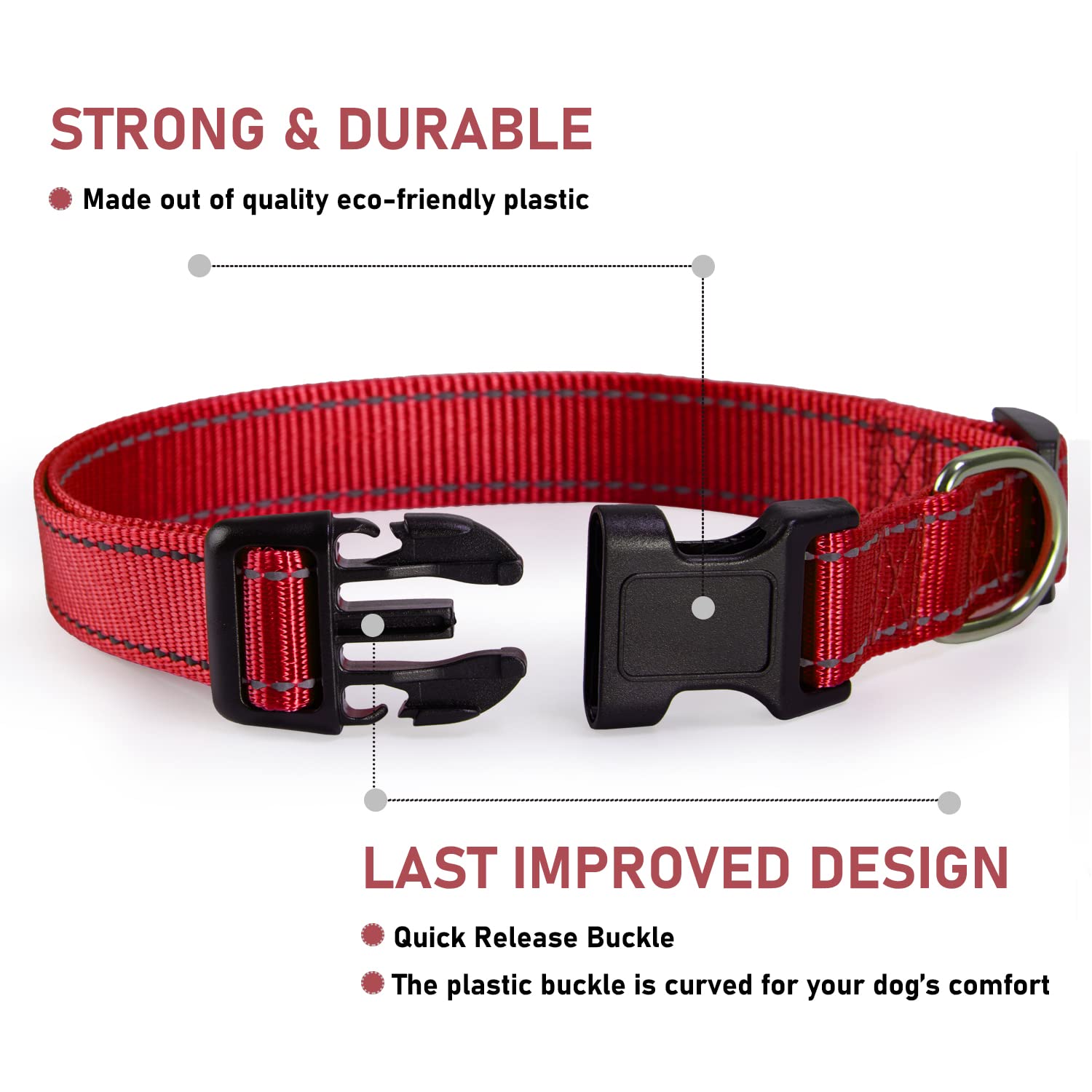 Reflective Dog Collar With Buckle Adjustable Safety Nylon Collars For Small Medium Large Dogs, Red Xl