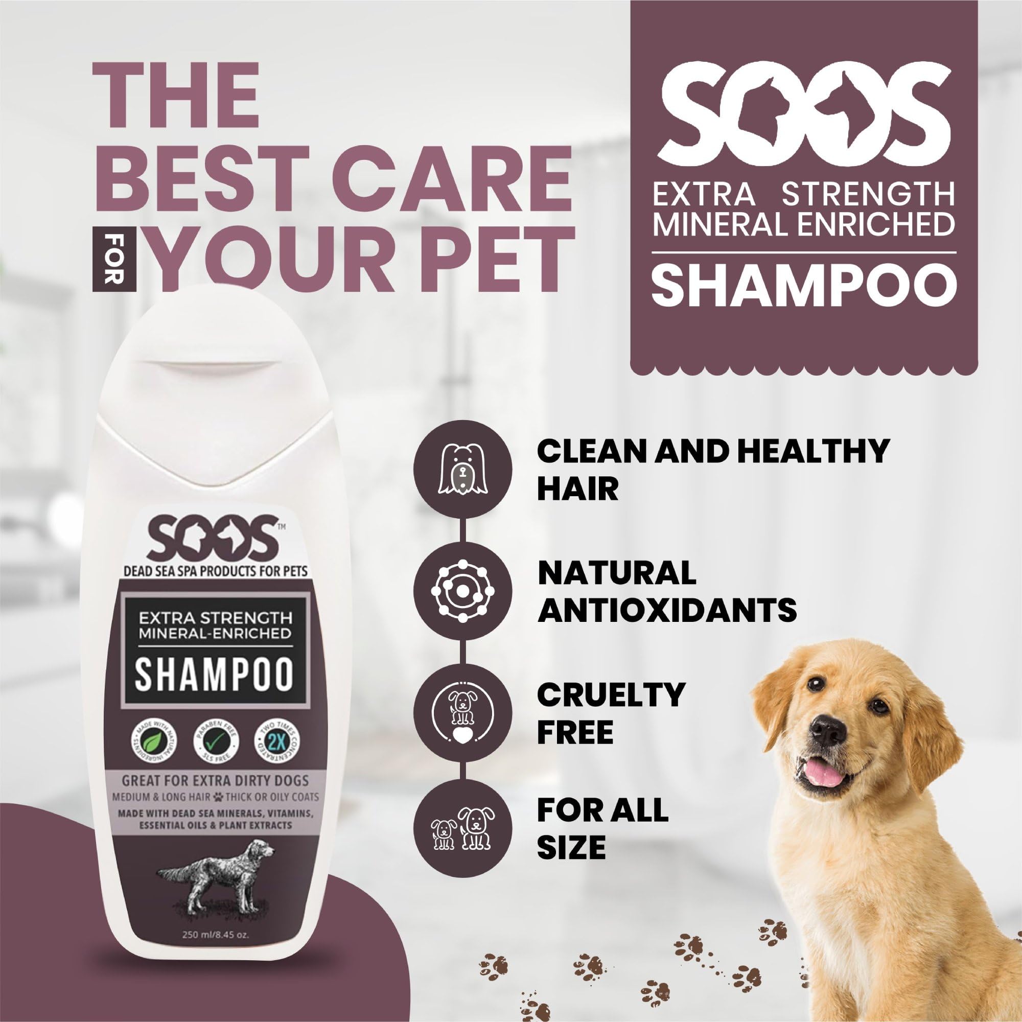 Soos Pets Shampoo Extra Strength For Cat And Dog Shampoo Natural Dead Sea Mineral Enriched Fast Absorbing With Vitamins Essentia