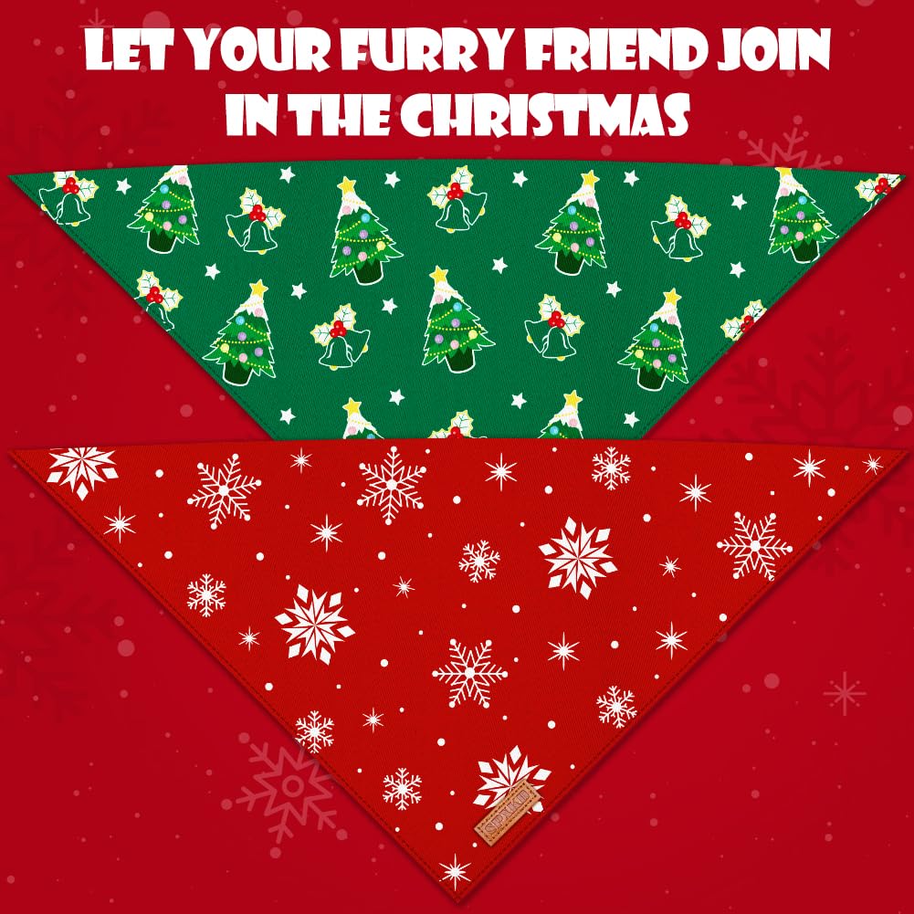Christmas Dog Bandanas 2 Pack Washable Soft Cotton Christmas Tree & Snowflakes Scarf Multiple Sizes Offered Premium Durable Fabr