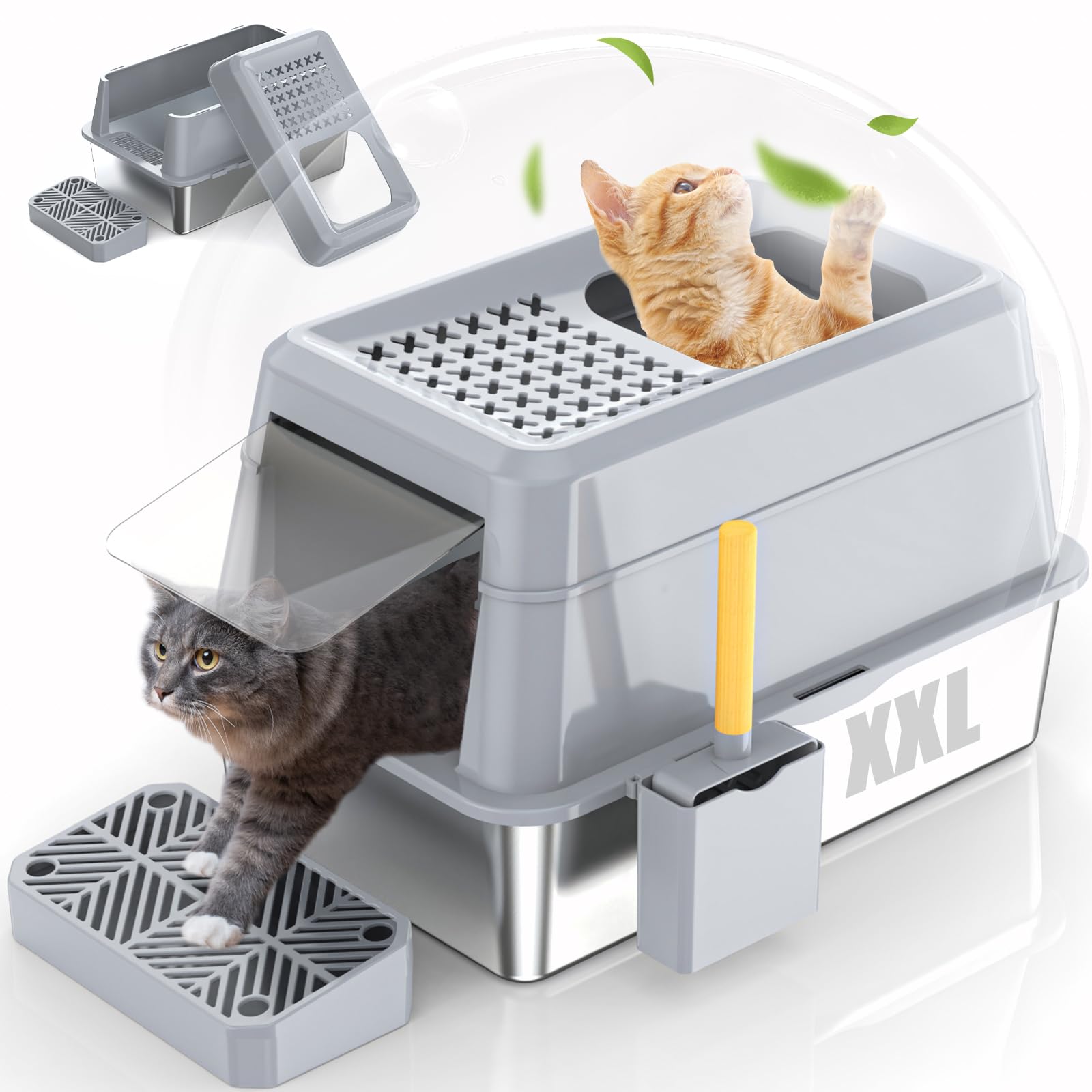 Epn Stainless Steel Cat Litter Box With Lip, Xxl Extra Large Enclosed Removable Metal Litter Box For Big Cats, High Sided Enclos