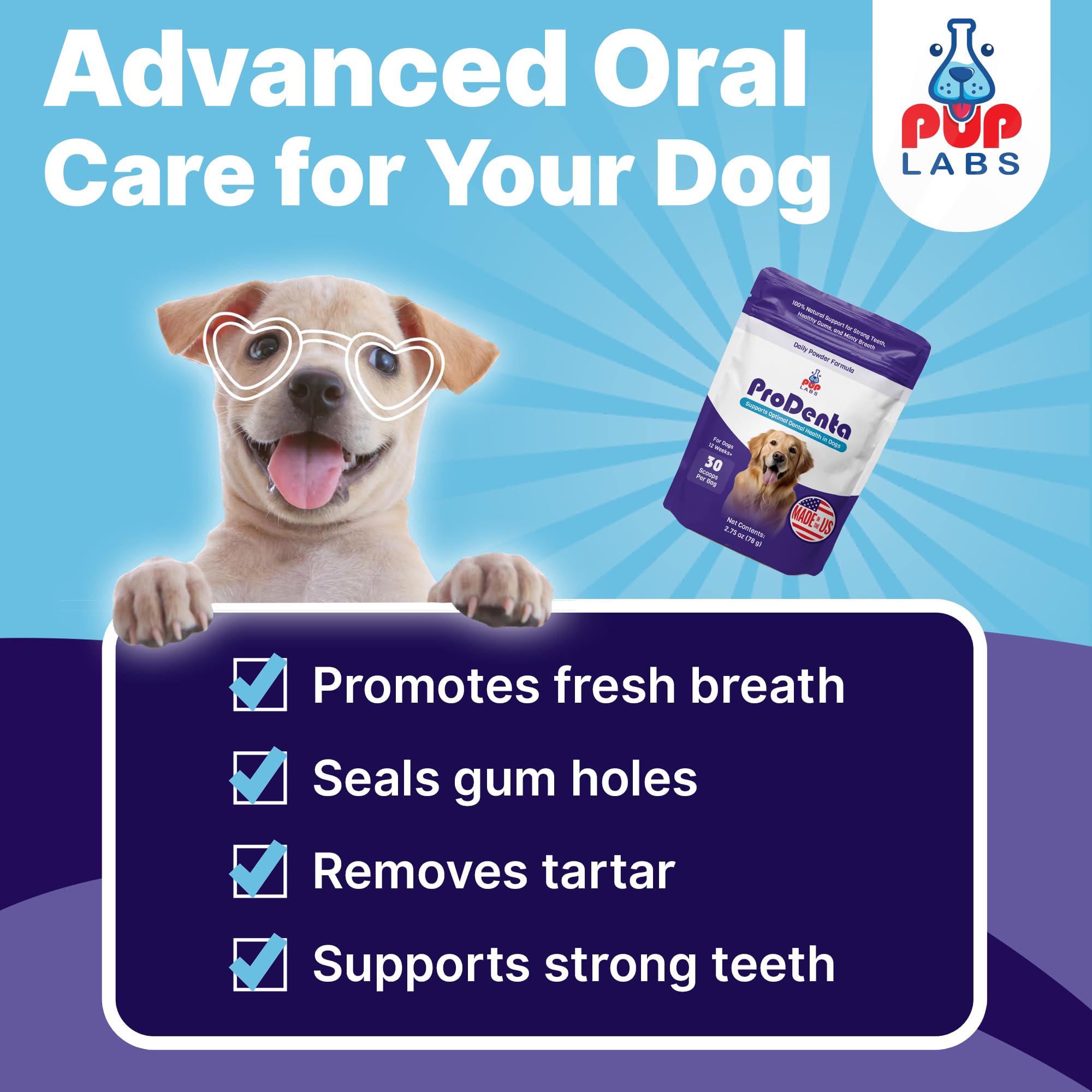 Pup Labs ProDenta, Tartar Remover for Dogs and Dog Bad Breath Eliminator, Natural Powder for Plaque and Gum Support, Made in USA