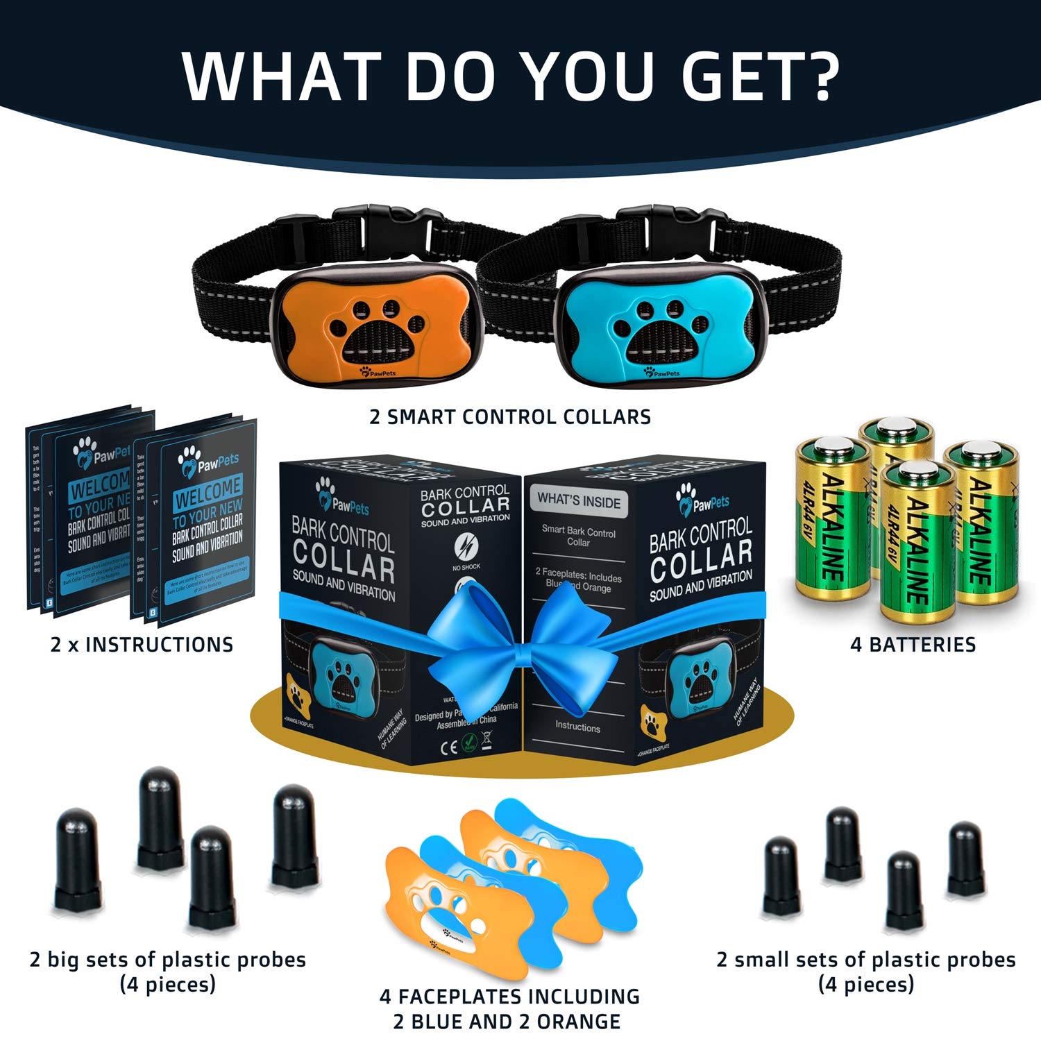 Pawpets Anti Bark Collar - No Shock Training Dog Collar - Humane With Vibration And Sound Barking Collar For Small Medium Large Dogs 5-100Lbs - 2 Pack Blue Orange (Battery)