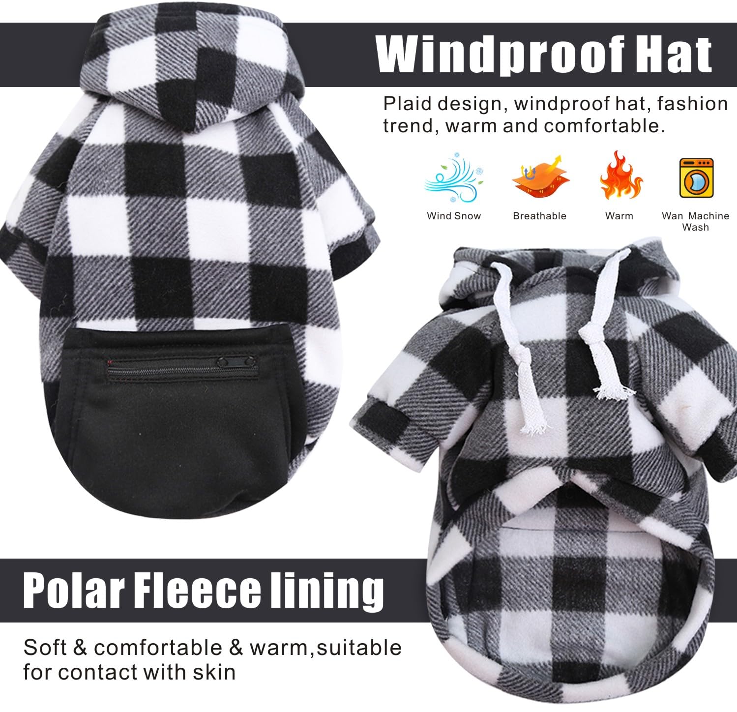 Mrcopetal Plaid Dog Clothes Soft Brushed Fleece Hoodies With Zipper Pocket - Winter Coat Cotton Pet Hoodie For Small To 5Xl Dogs
