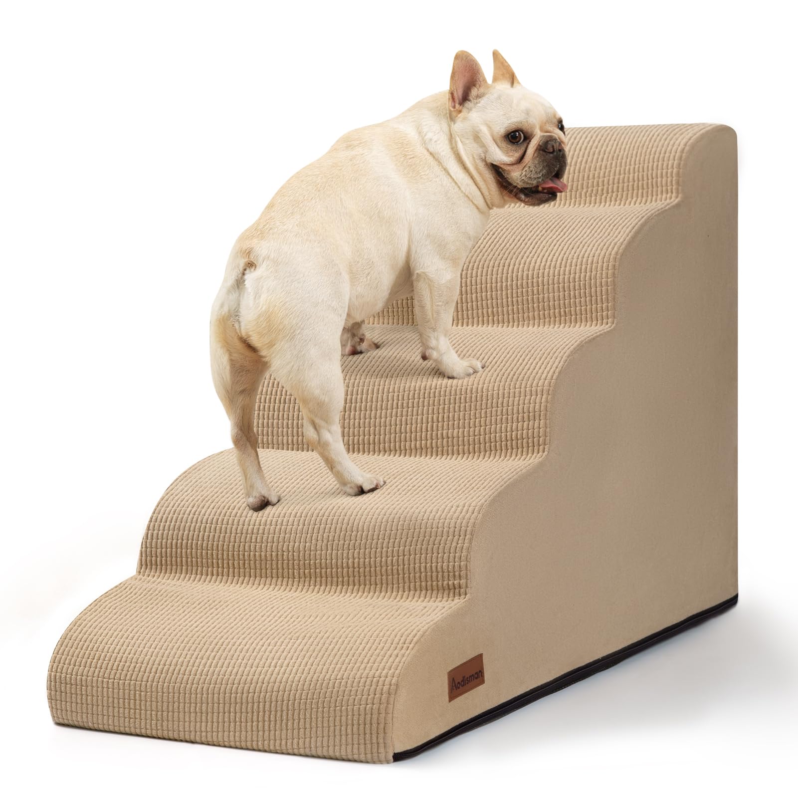 Aodisman 5-Step Dog Stairs and Ramp for High Bed, Non-Slip Sturdy Pet Steps for Small Dogs and Cats,22.2 H,Khaki
