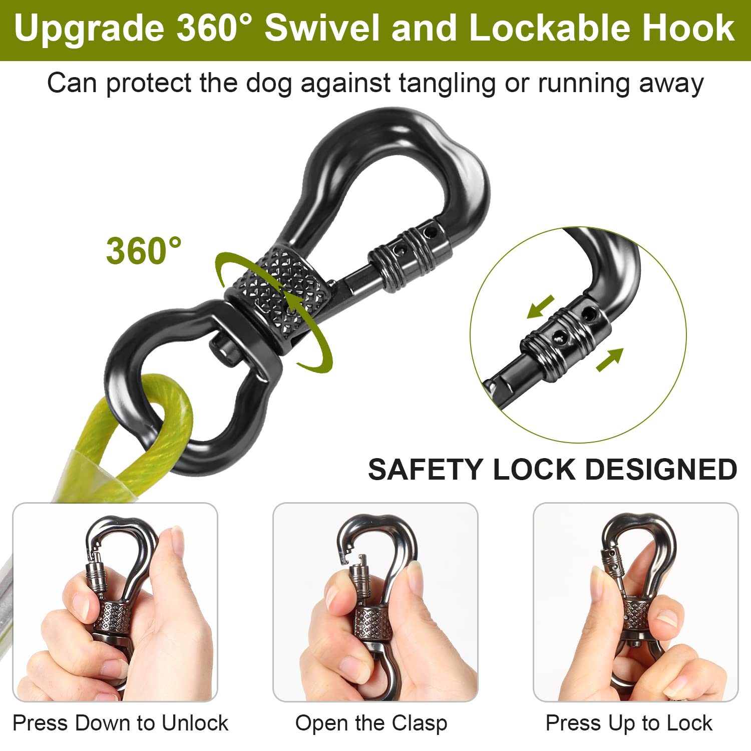 Tresbro 20Ft Dog Tie Out Cable, Heavy Duty Dog Chains For Outside With Spring Swivel Lockable Hook, Pet Runner Cable Leads For Yard, Green Dog Line Tether For Small Medium Large Dogs Up To 500 Lbs