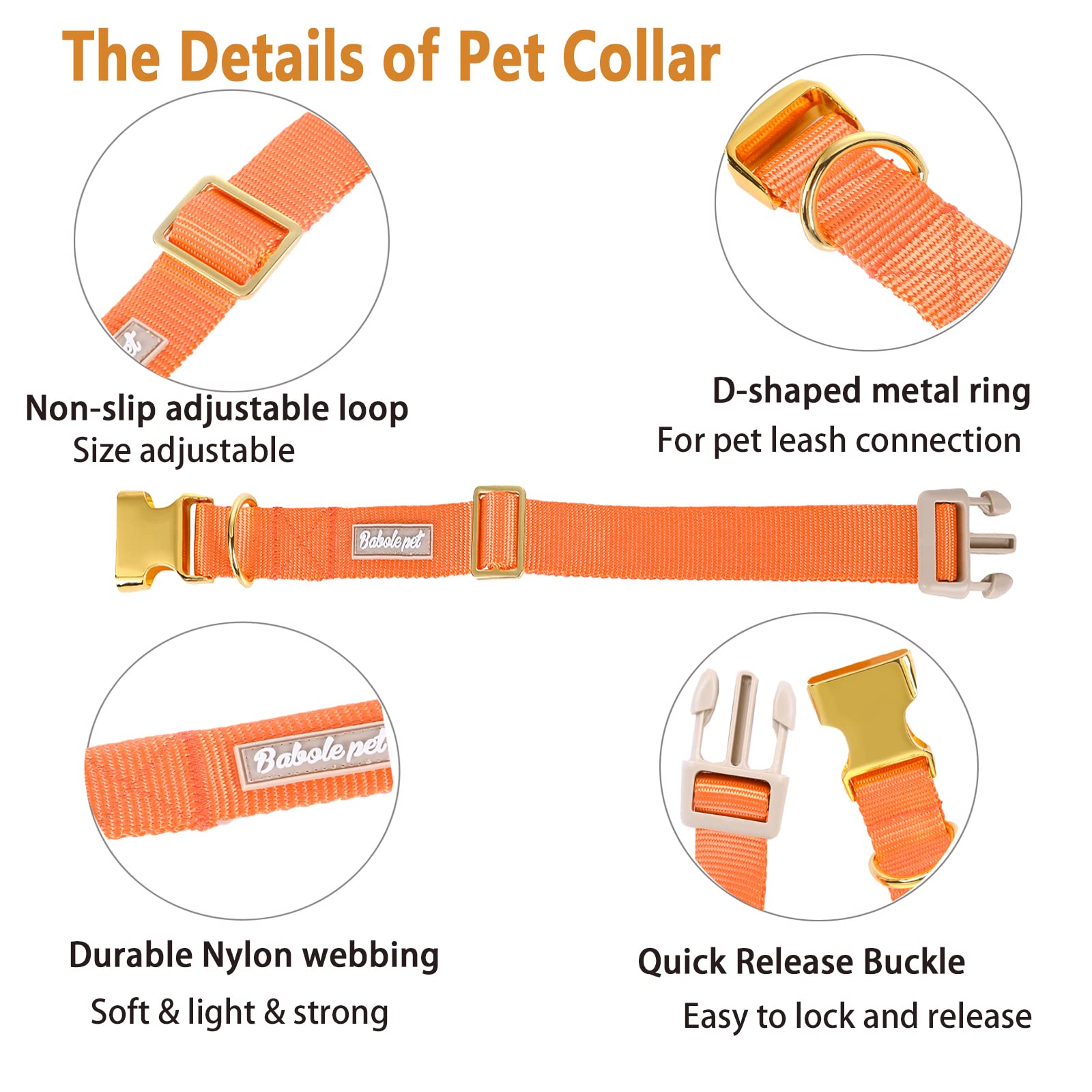 Babole Pet Nylon Dog Collar - Adjustable Orange Soft Webbing Dog Collars For Small Medium Large Dogs Boy Girl Puppy Collar With