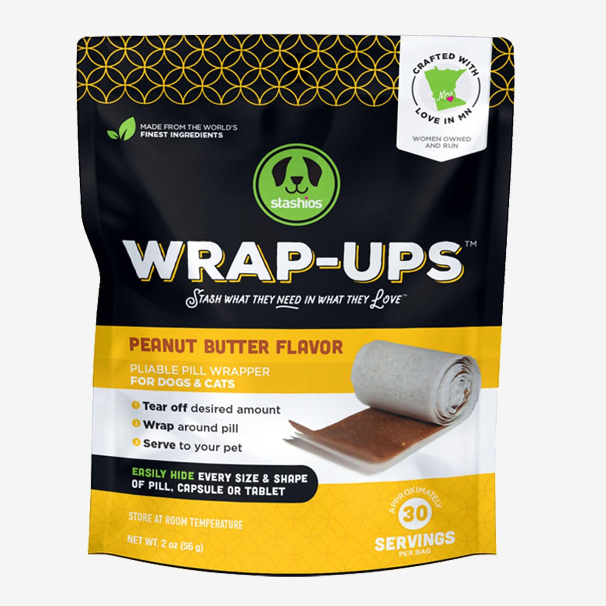 Stashios: Wrap-Ups: Pill Wrapper - Peanut Butter - 30 Servings Bag, Dogs & Cats, Pet Treat Hides Any Size Pills, All Natural Lim