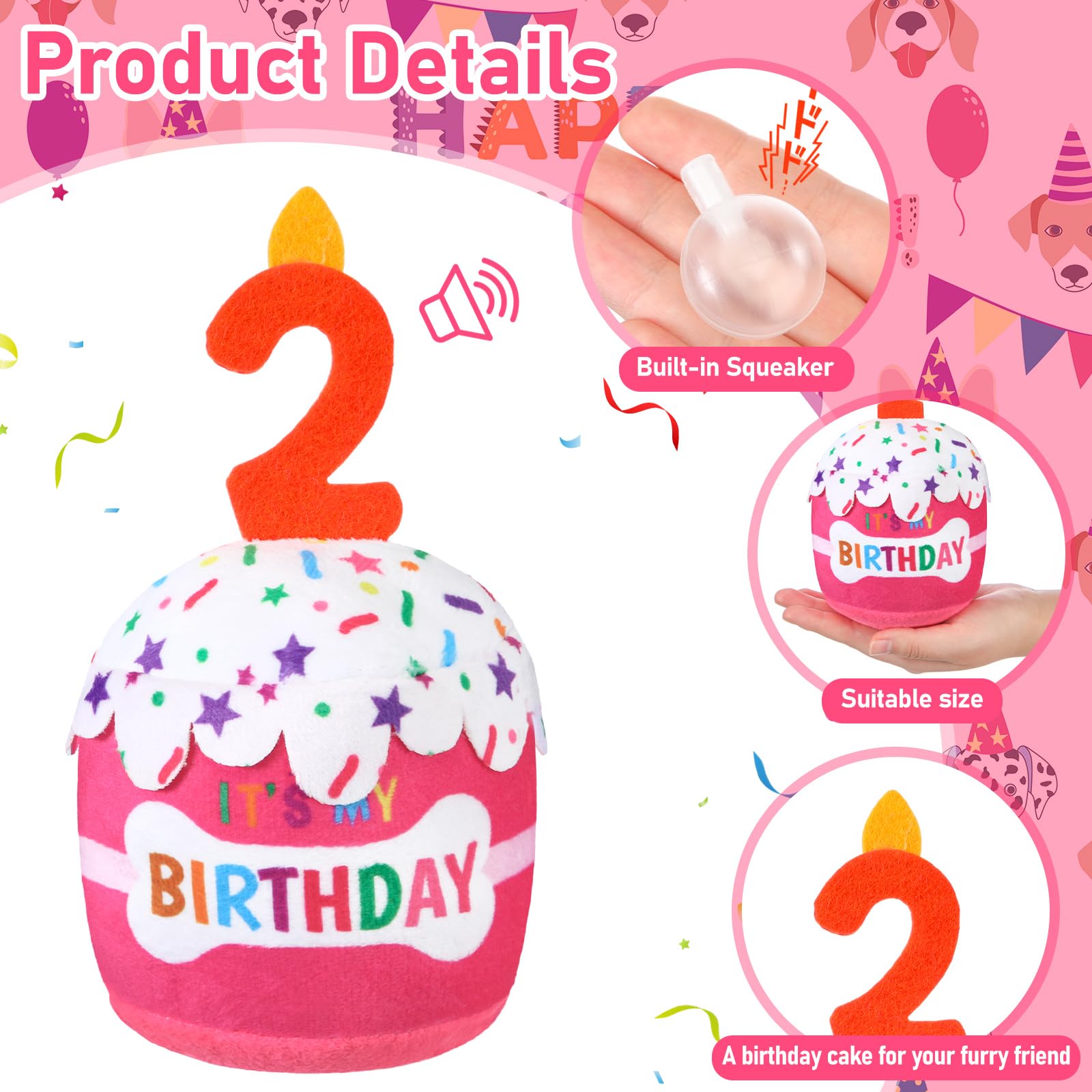 Dansydaisy Dog 2Nd Birthday Cake Toy Accessories For Girl Boy Gifts, Pink Squeaky Plush Toy For Dog Birthday Party Decor Favor F