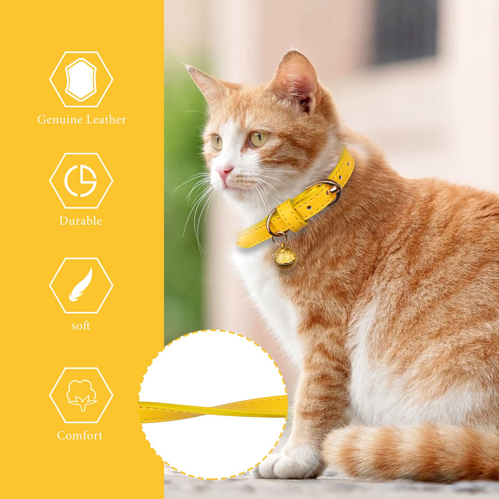 Jamktepat 3 Pack Leather Cat Collars With Bells Soft Pet Safety Collar Kitten Collars With Bell Orange Yellow Mint Green(Xs)