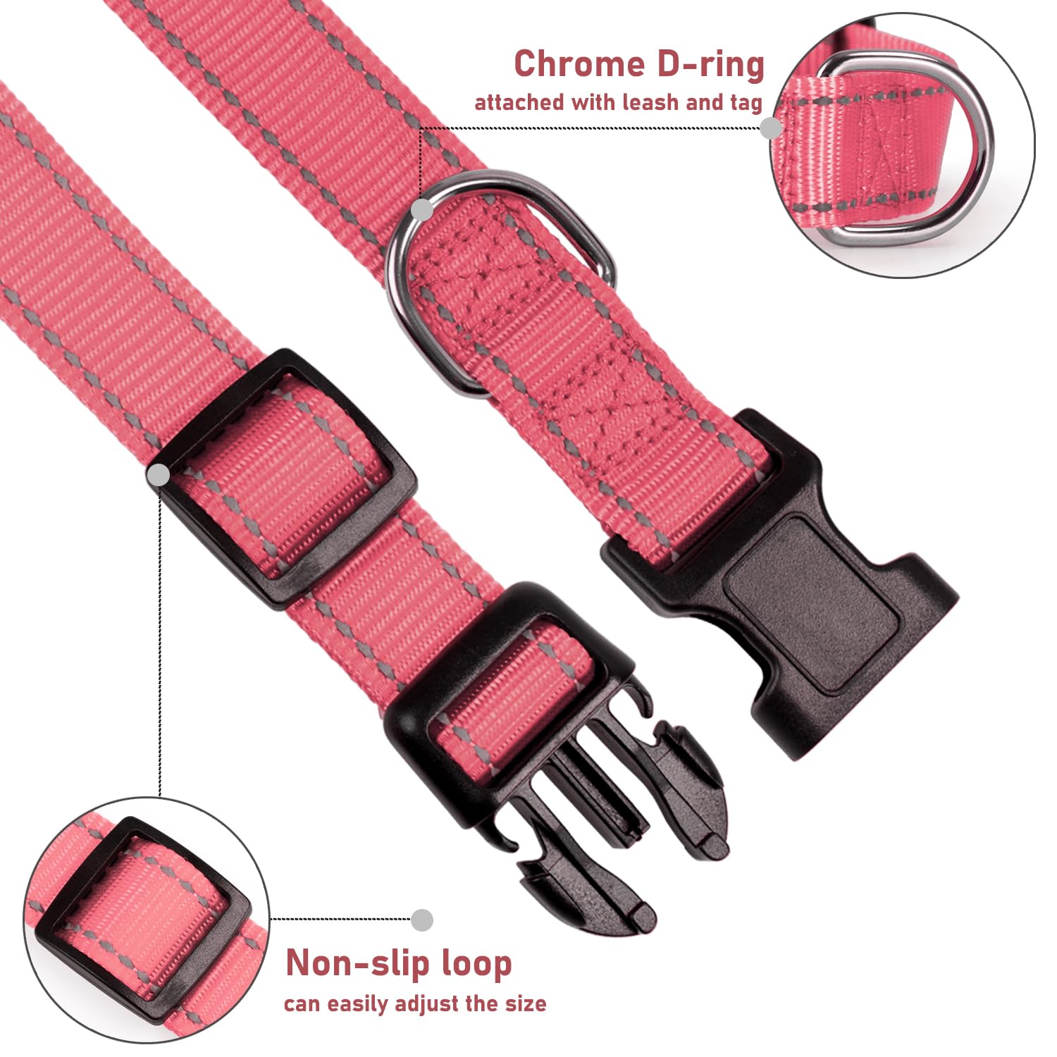 Reflective Dog Collar With Buckle Adjustable Safety Nylon Collars For Small Medium Large Dogs, Light Pink S