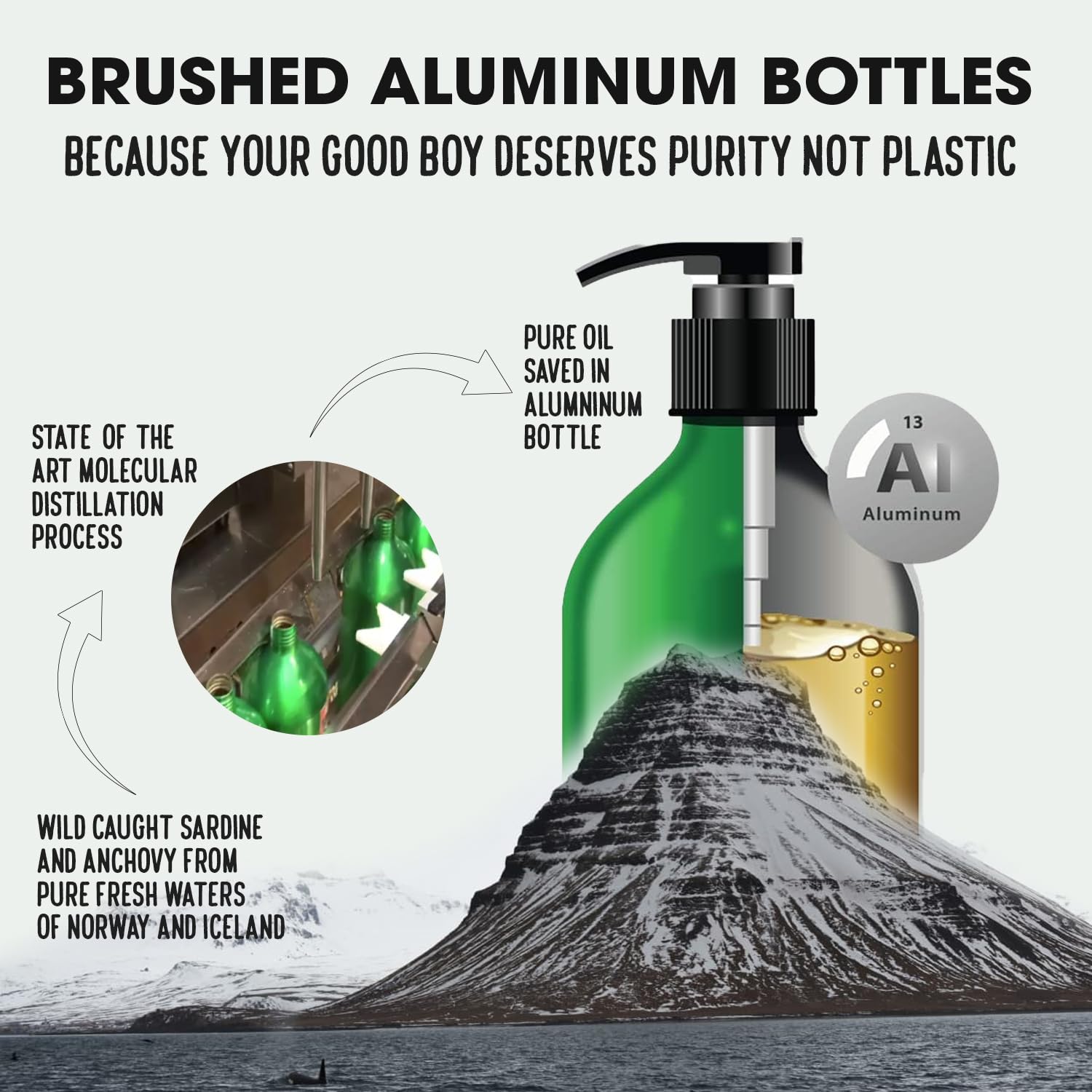 Iceland Pure Sardine Anchovy Oil for Dogs & Cats, 33oz BPA-Free Aluminum Bottle, Unscented, 1296mg Omega